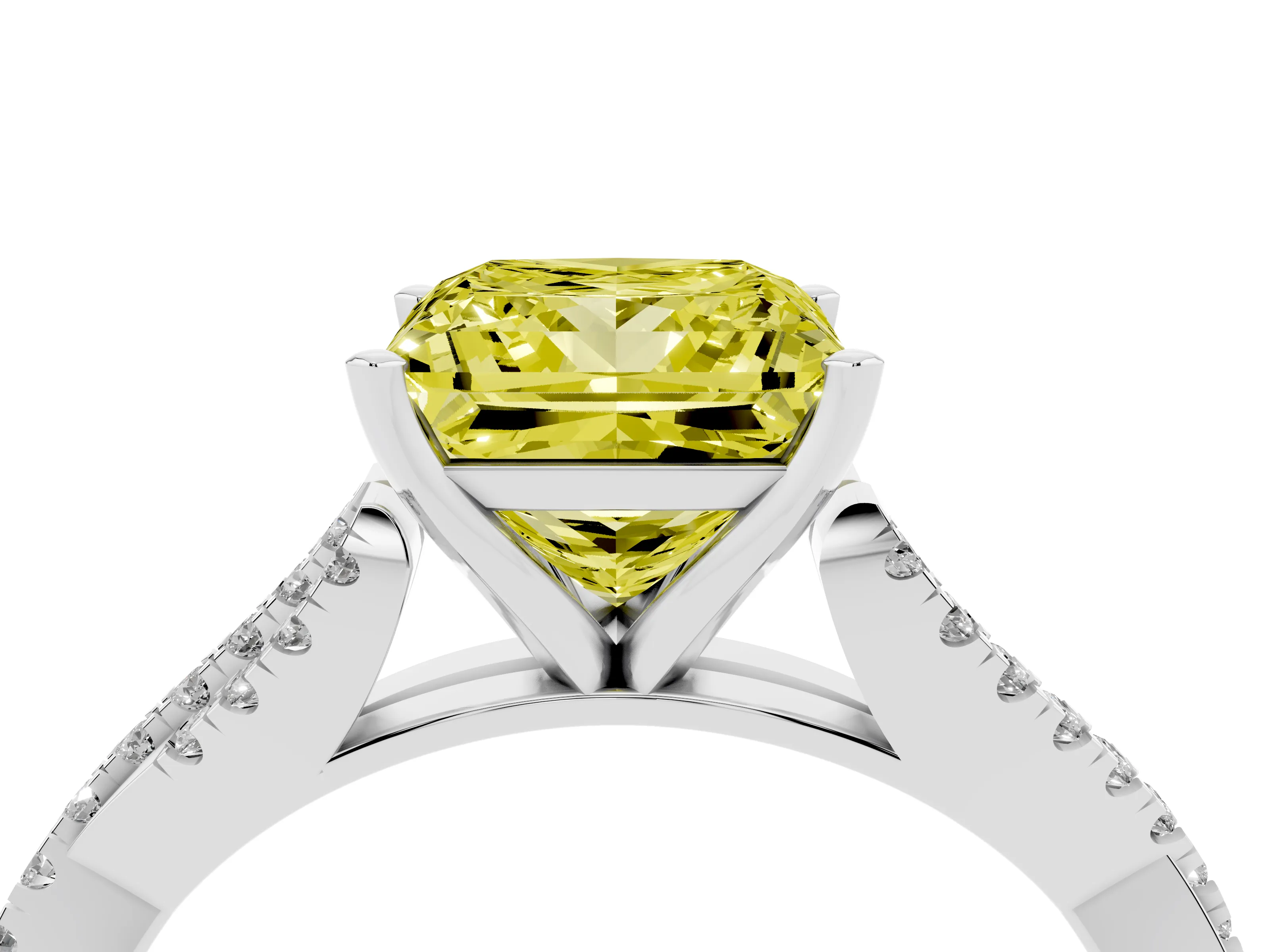 Fancy Yellow Princess Cut Diamond Solitaire Engagement Ring Set in White gold with Twisted Pavé Band and Prong Setting