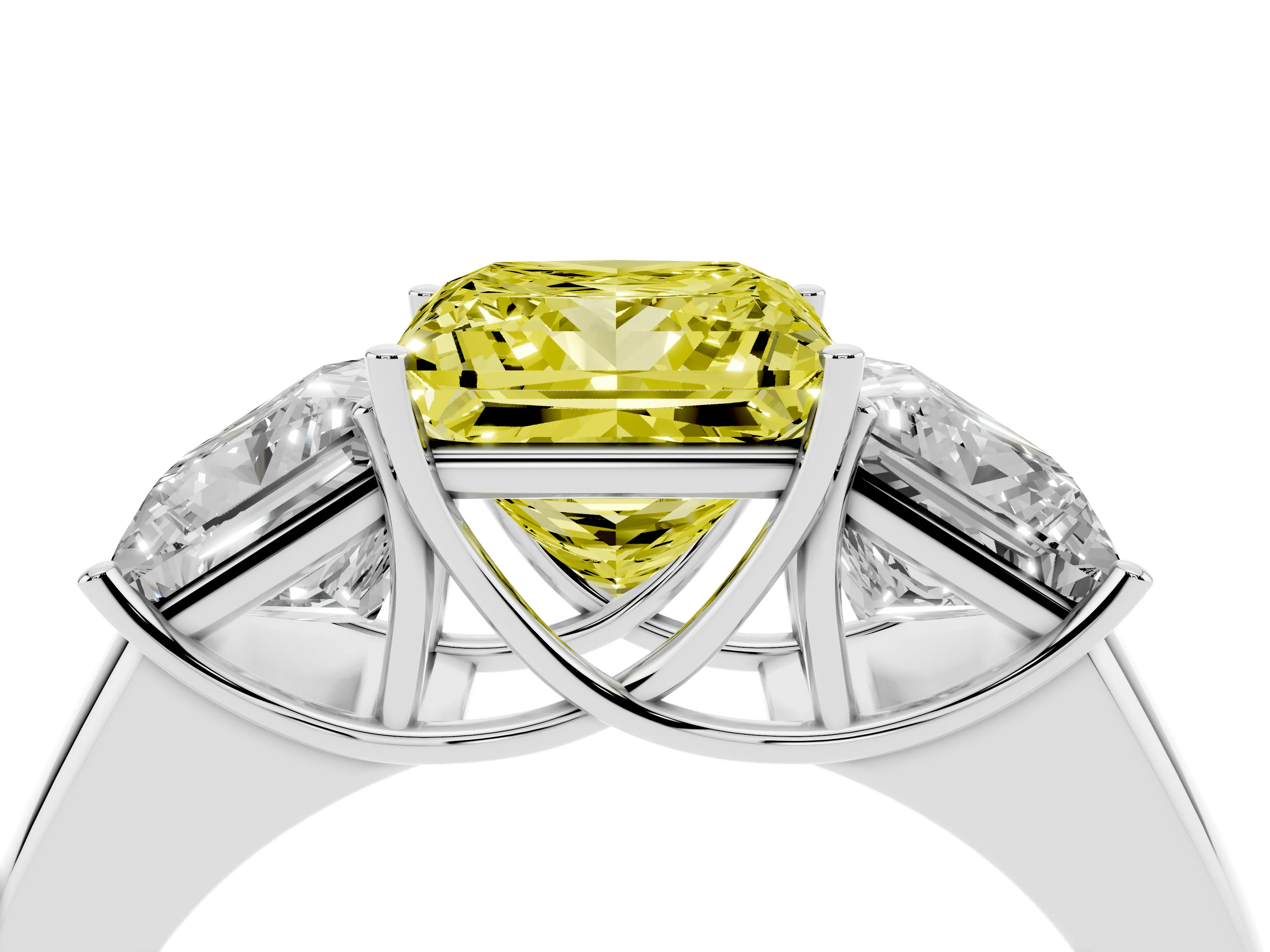 Fancy Yellow Three-Stone Princess Cut Diamond Ring Set in Platinum with Matching Prong Settings and Plain Band