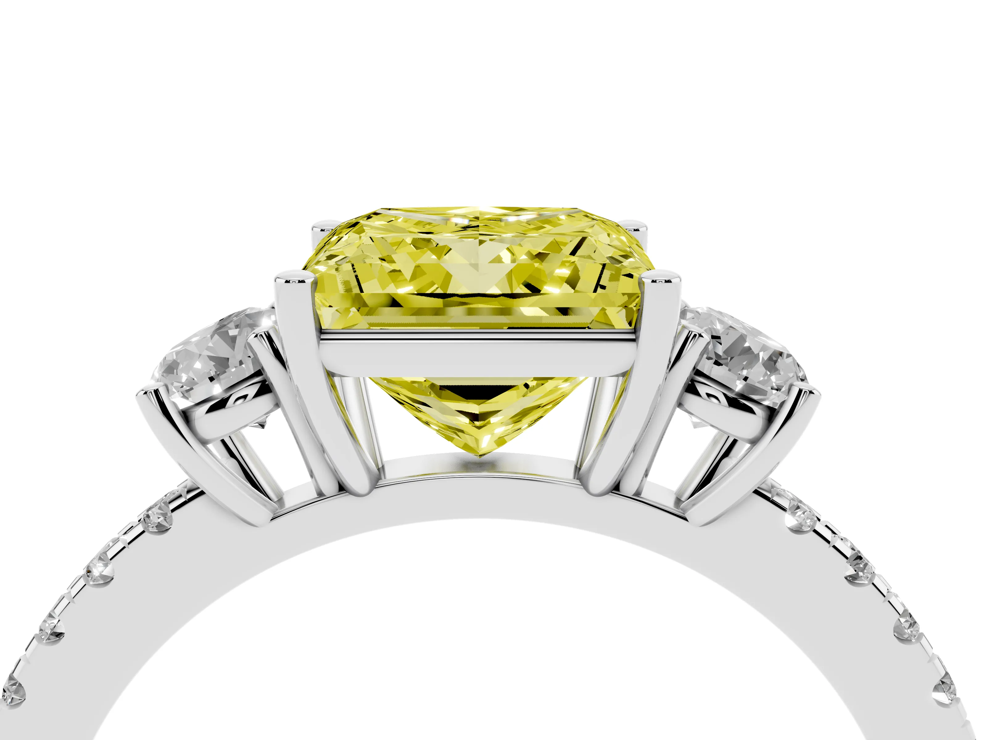 Fancy Yellow Princess Cut Diamond Three-Stone Ring Set in Silver with Pavé Band and Graduated Sides