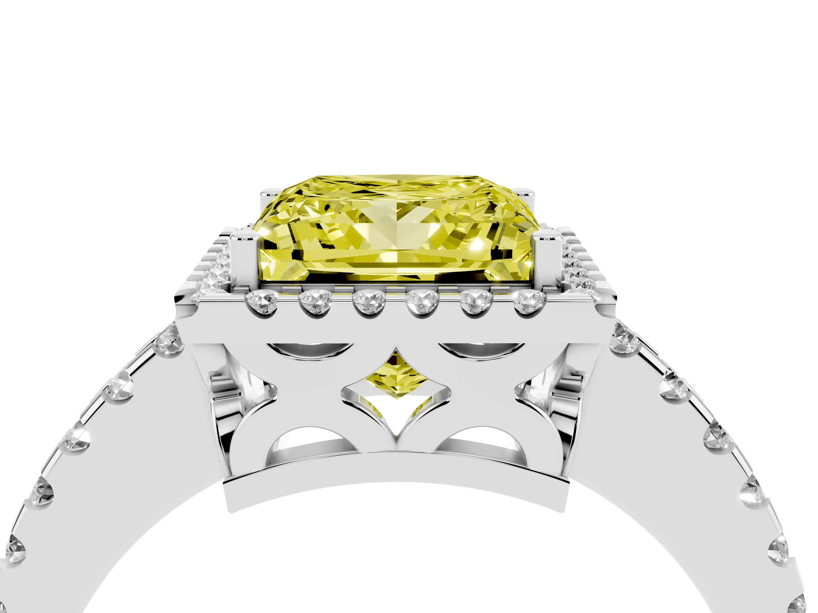 Fancy Yellow Princess Cut Diamond Halo Ring Set in White gold with Pavé Shoulders and Halo-Framed Center