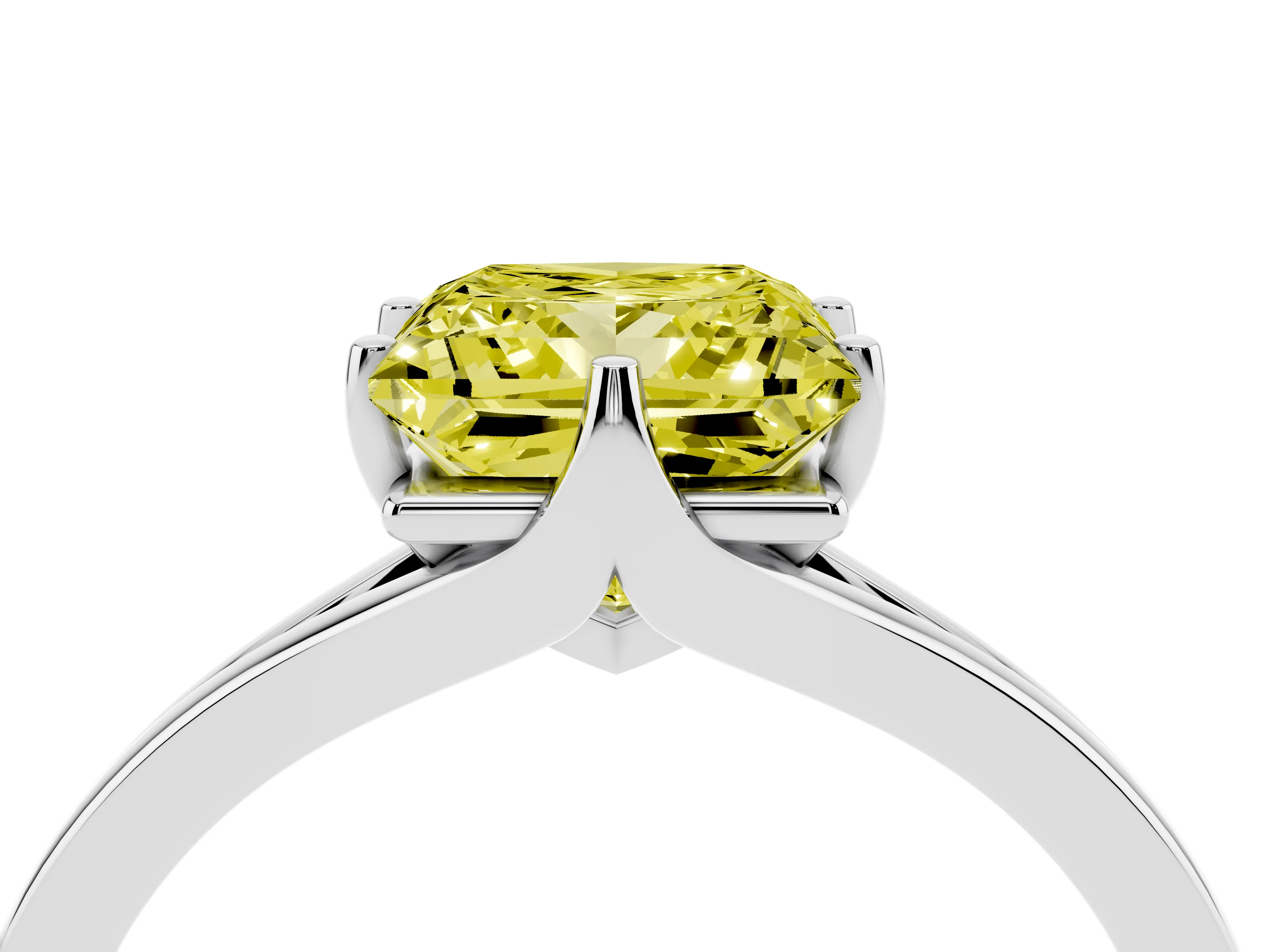 Fancy Yellow Princess Cut Diamond Solitaire Ring Set in White gold with Polished Tapered Band and Prong Setting