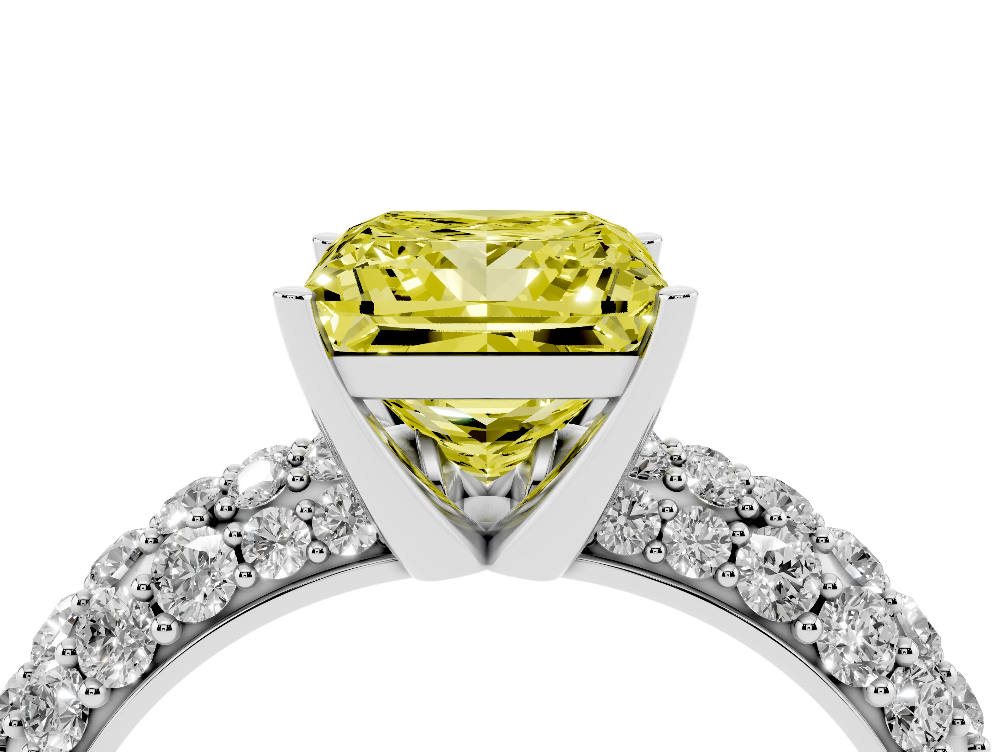 Fancy Yellow Princess Cut Diamond Pavé Band Solitaire Ring Set in White gold with Close-Set Accent Stones and Prong Setting