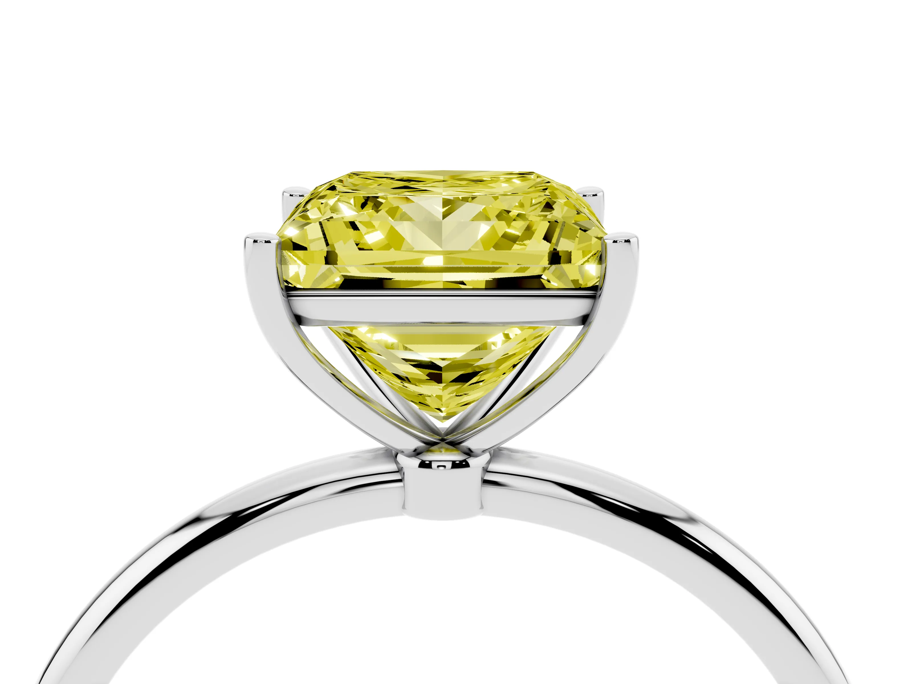 Fancy Yellow Princess Cut Diamond Solitaire Engagement Ring Set in Platinum with Thin Band and Prong Setting