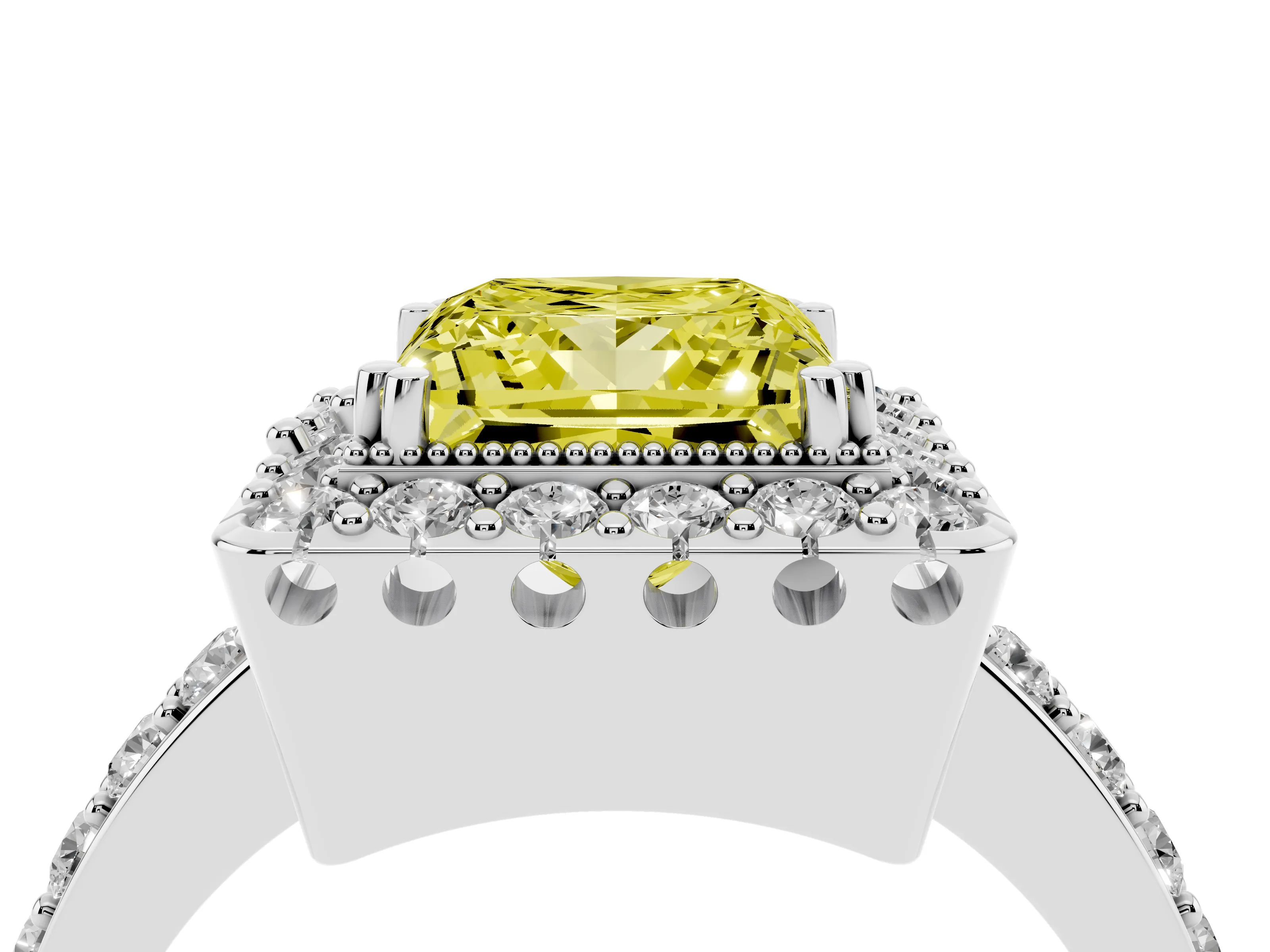 Fancy Yellow Princess Cut Diamond Halo Ring Set in Silver with Pavé Shank and Prong Setting
