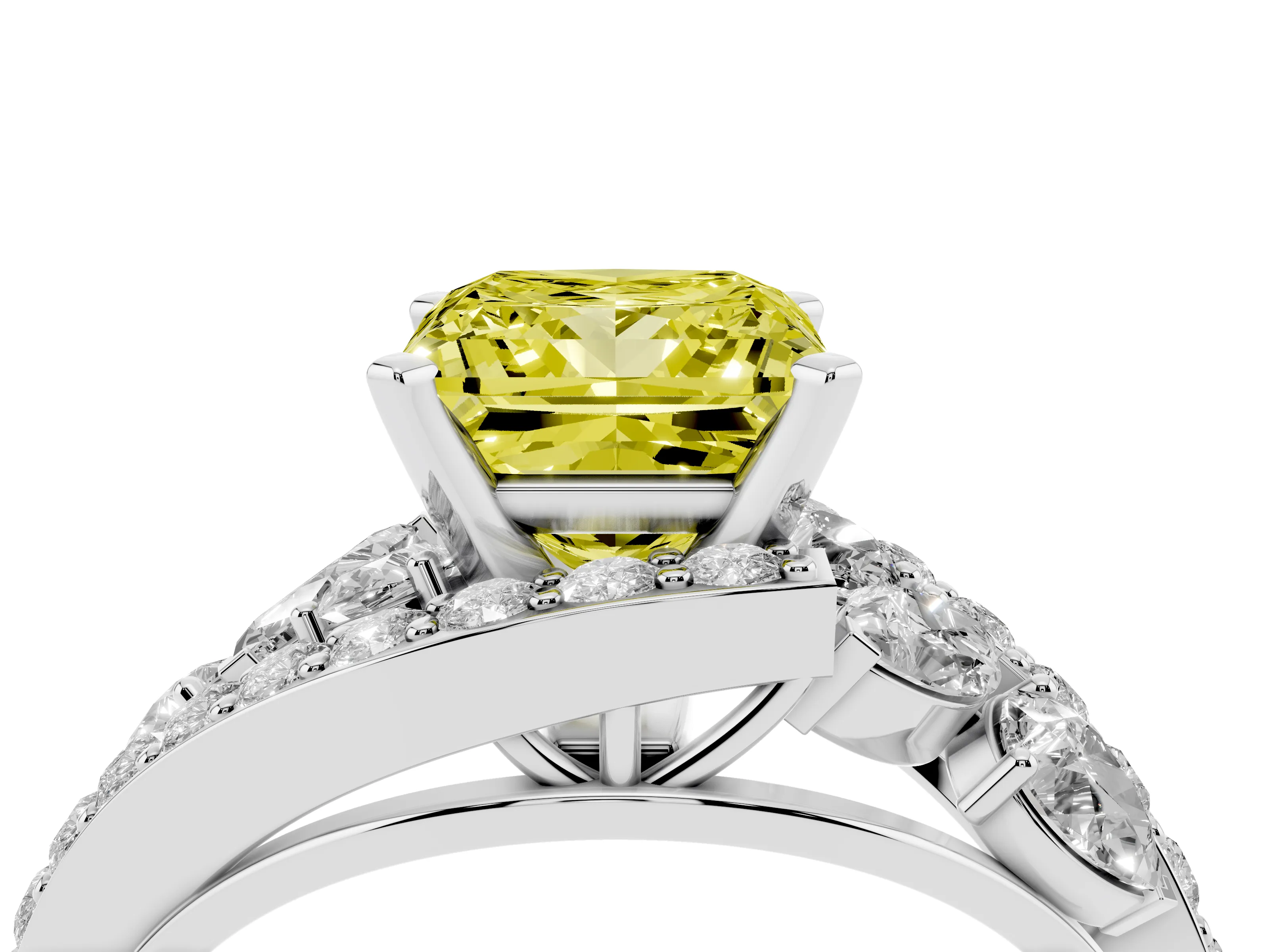 Fancy Yellow Princess Cut Diamond Halo Ring Set in White gold with Marquise and Pavé Band in Prong Setting