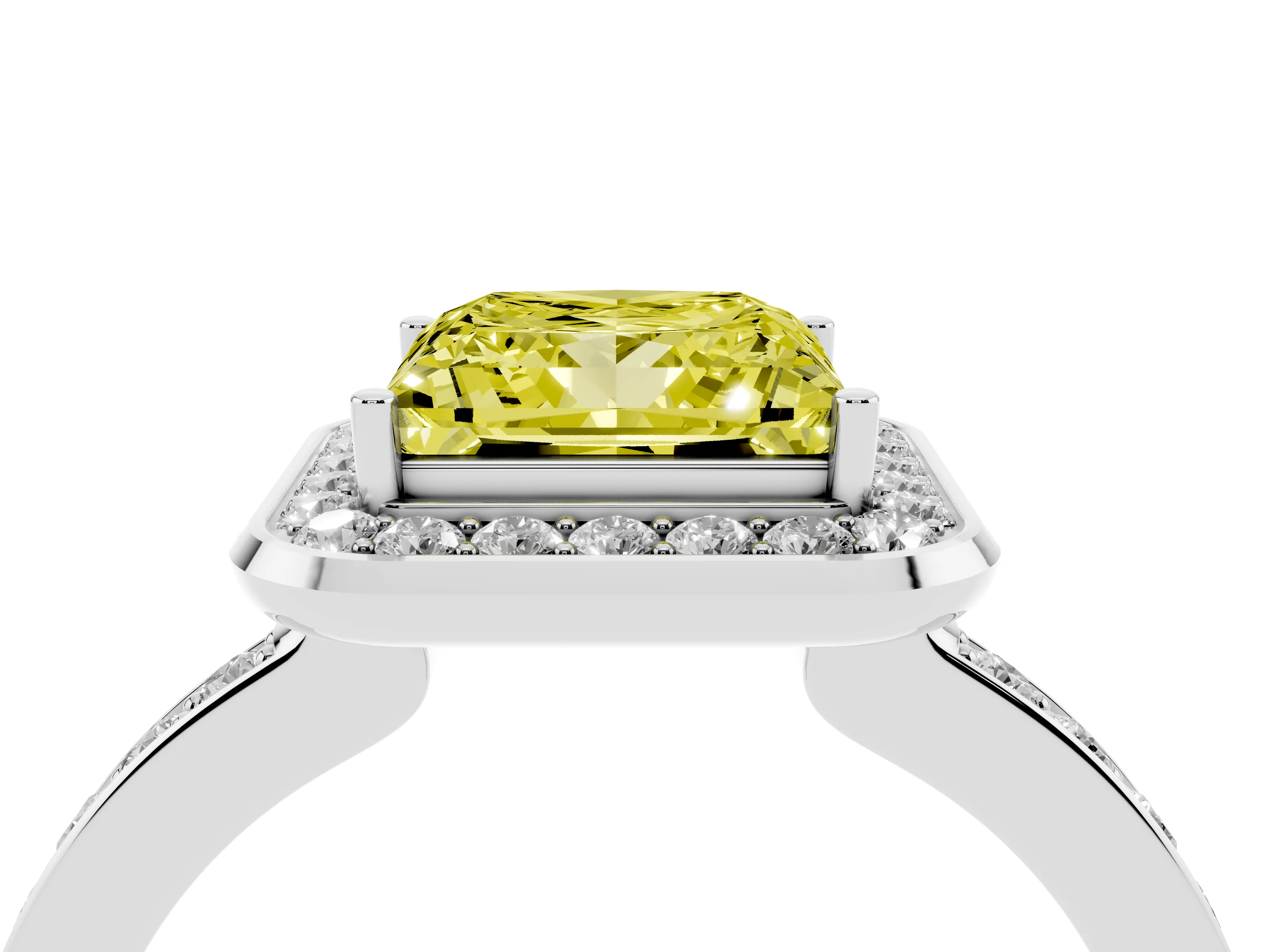 Fancy Yellow Princess Cut Diamond Halo Ring Set in White gold with Bezel Frame and Pavé Band