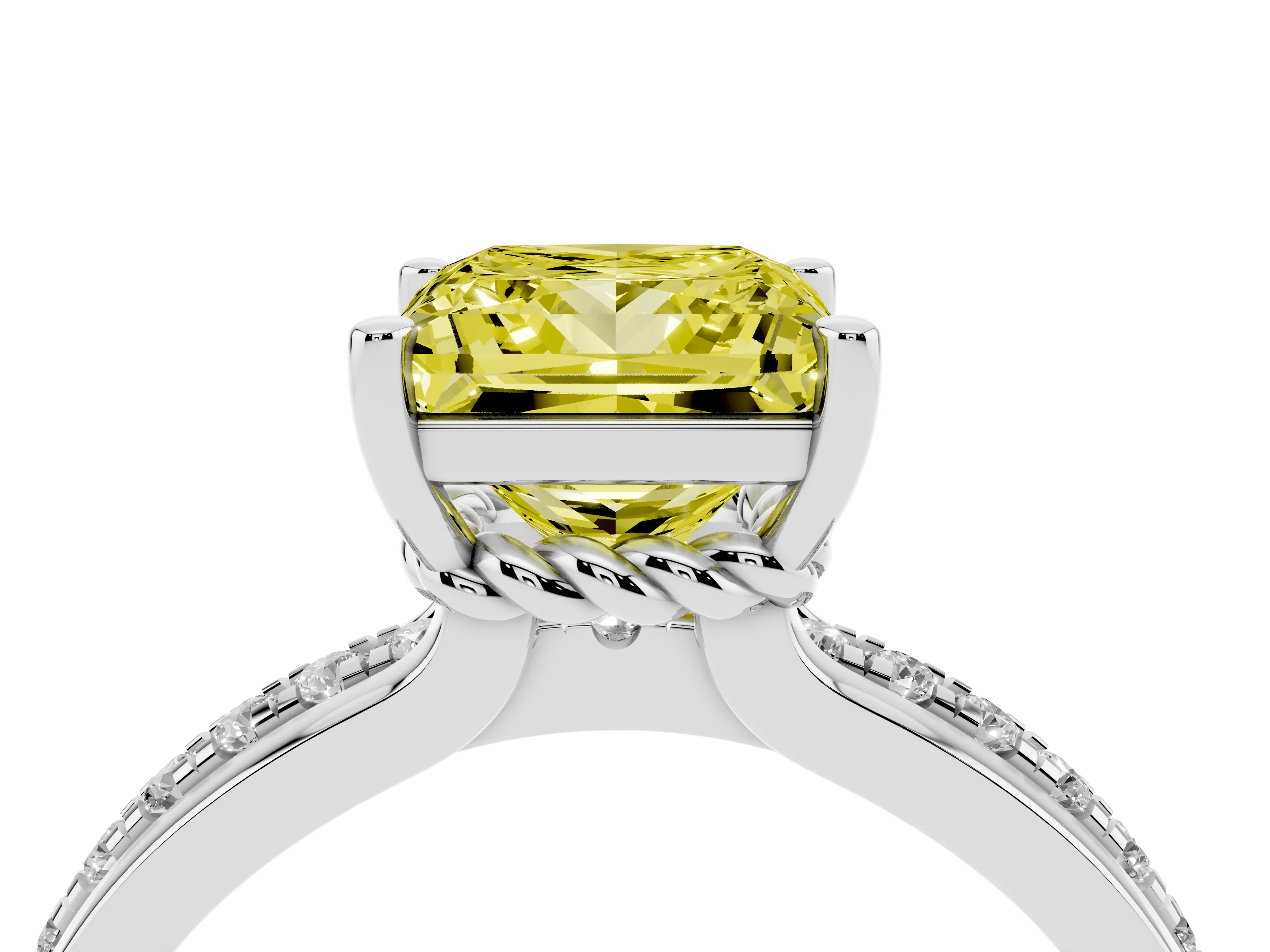 Fancy Yellow Princess Cut Diamond Solitaire Ring Set in White gold with Channel Set Band and Prong Setting