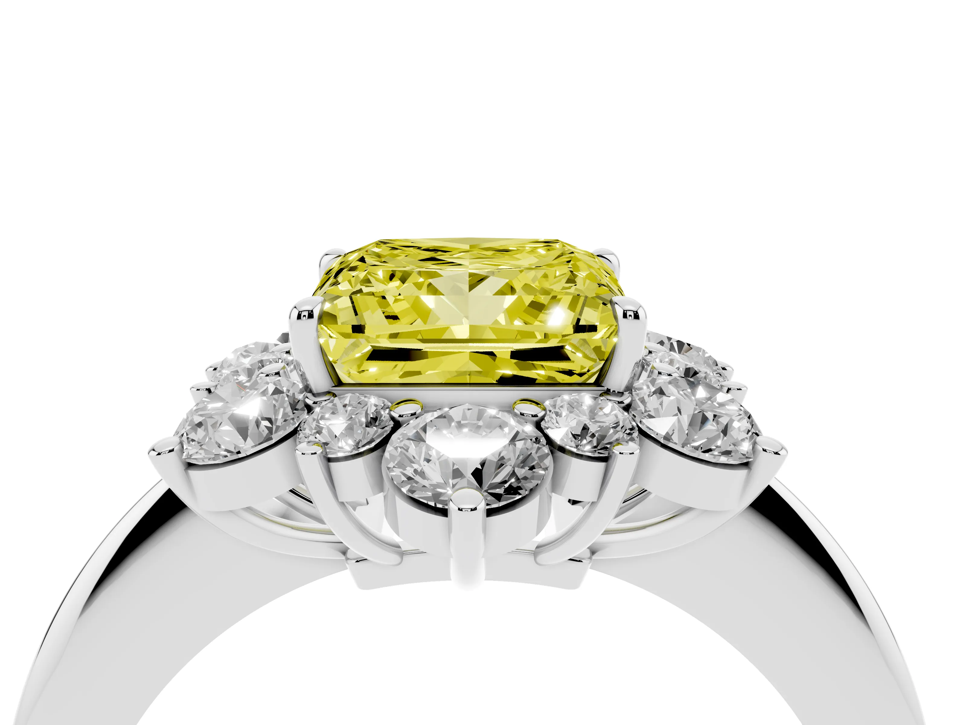 Fancy Yellow Princess Cut Diamond Cluster Halo Ring Set in Silver with Solitaire Band and Prong Setting