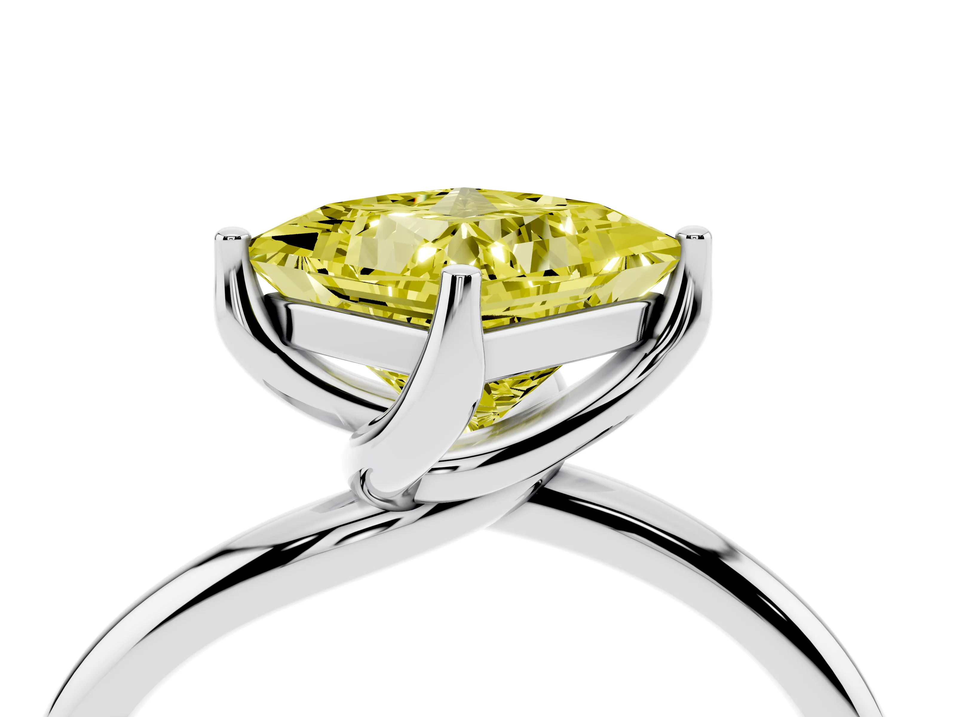 Fancy Yellow Princess Cut Diamond Solitaire Engagement Ring Set in Platinum with Classic Plain Band