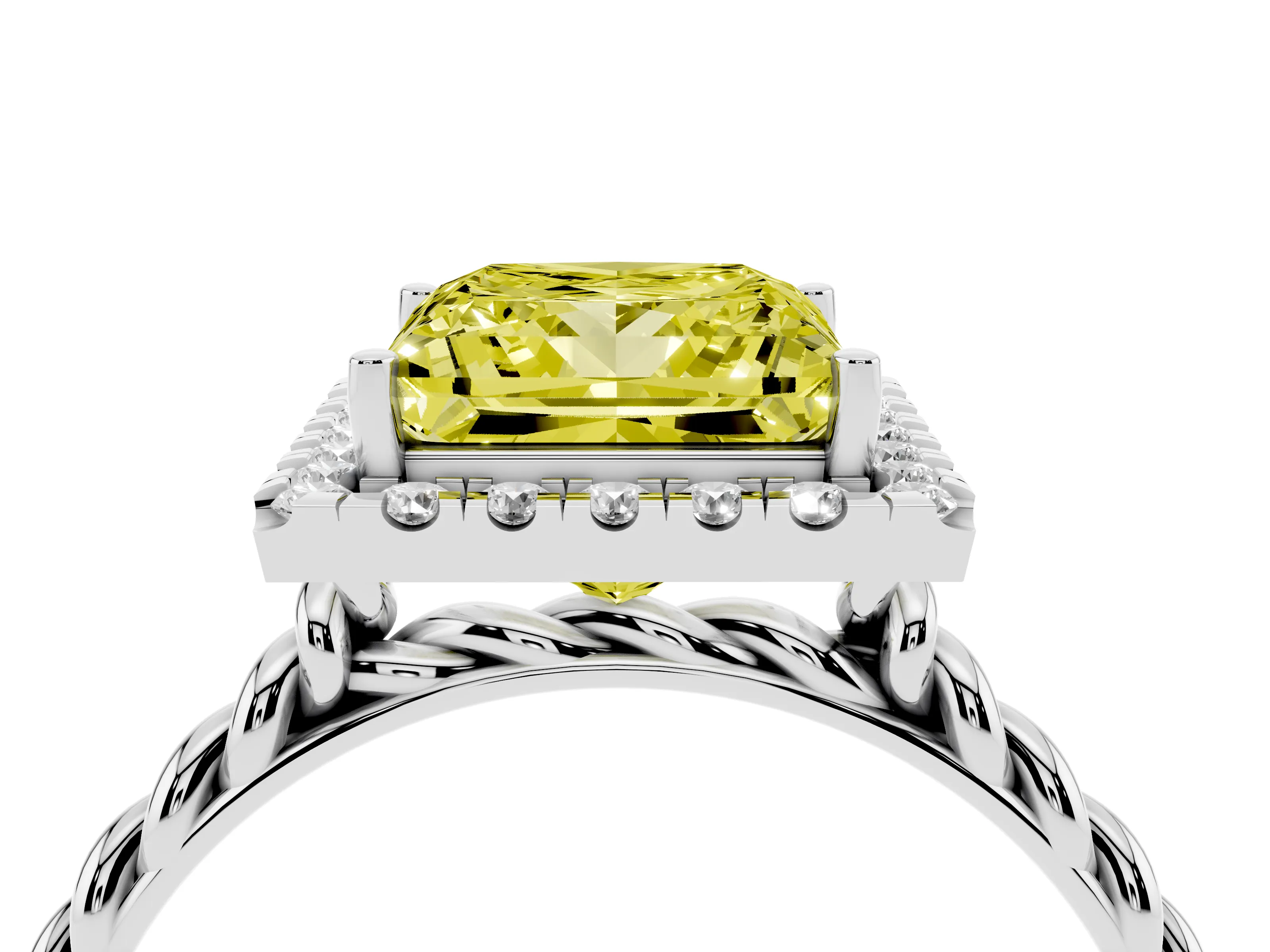 Fancy Yellow Princess Cut Diamond Halo Ring Set in Platinum with Plain Twisted Band