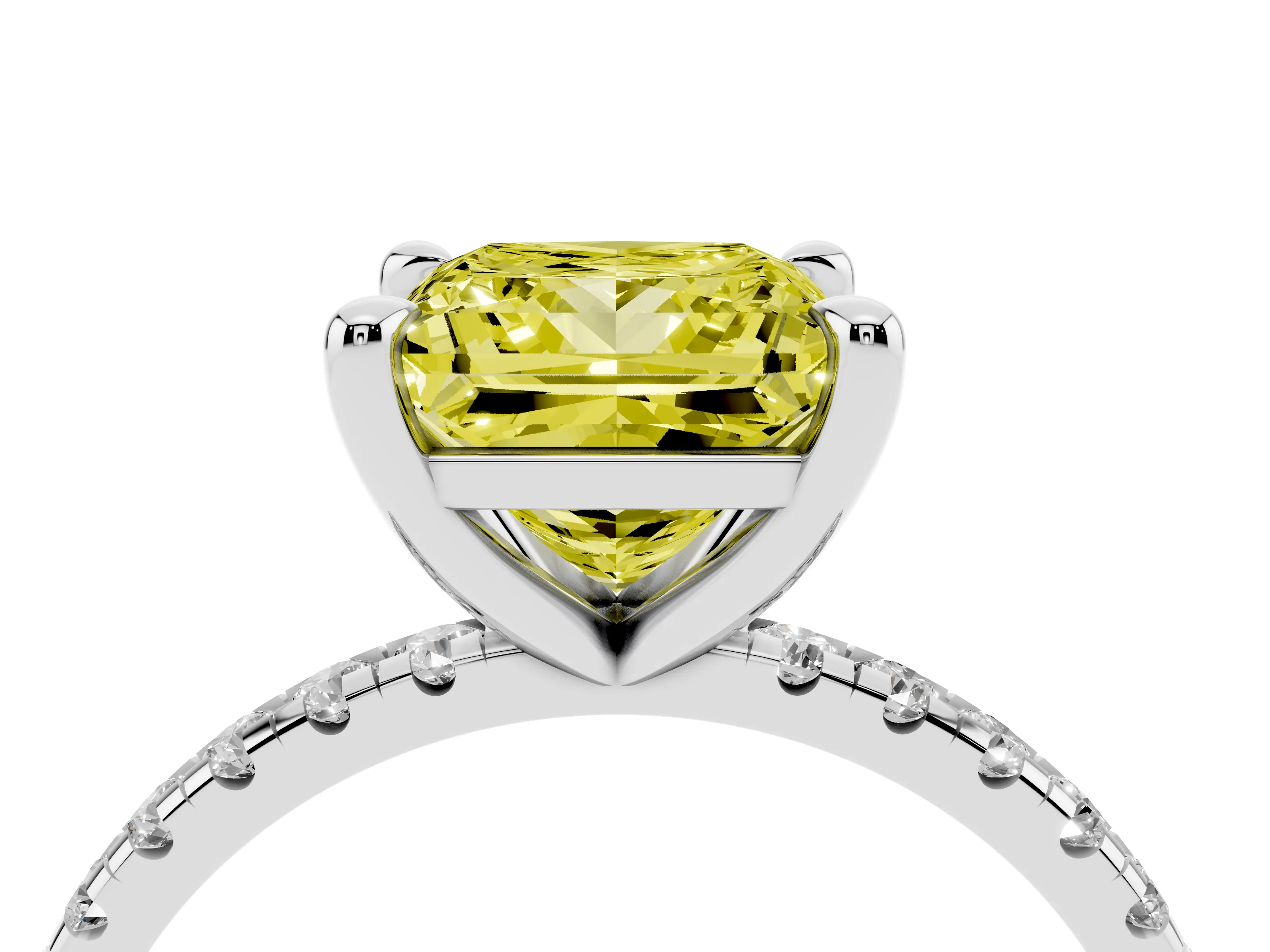 Fancy Yellow Princess Cut Diamond Brilliant Solitaire Ring Set in White gold with Pavé Band and Prong Setting