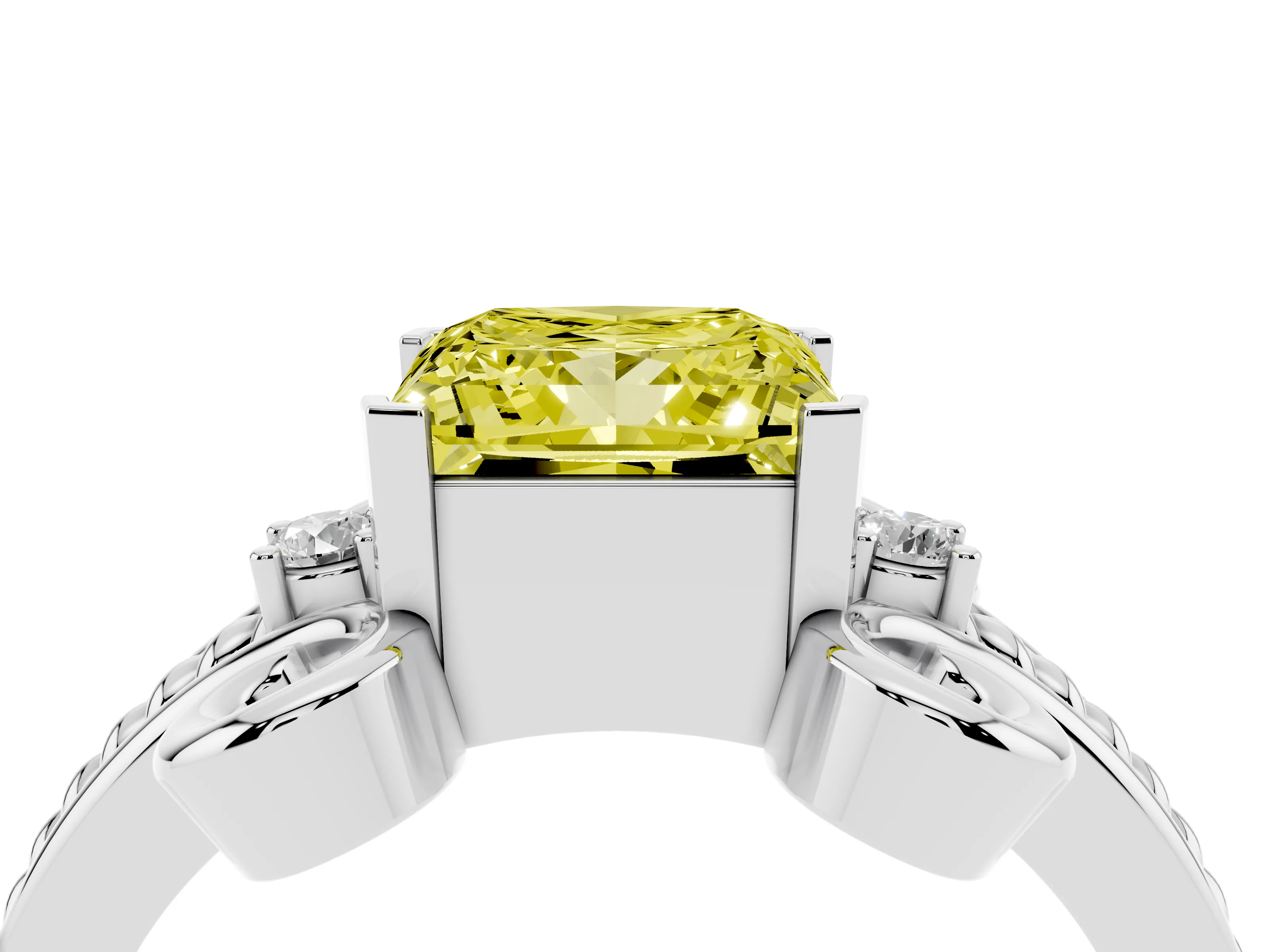 Fancy Yellow Princess Cut Diamond Twisted Band Solitaire Ring Set in White gold with Scroll Prongs