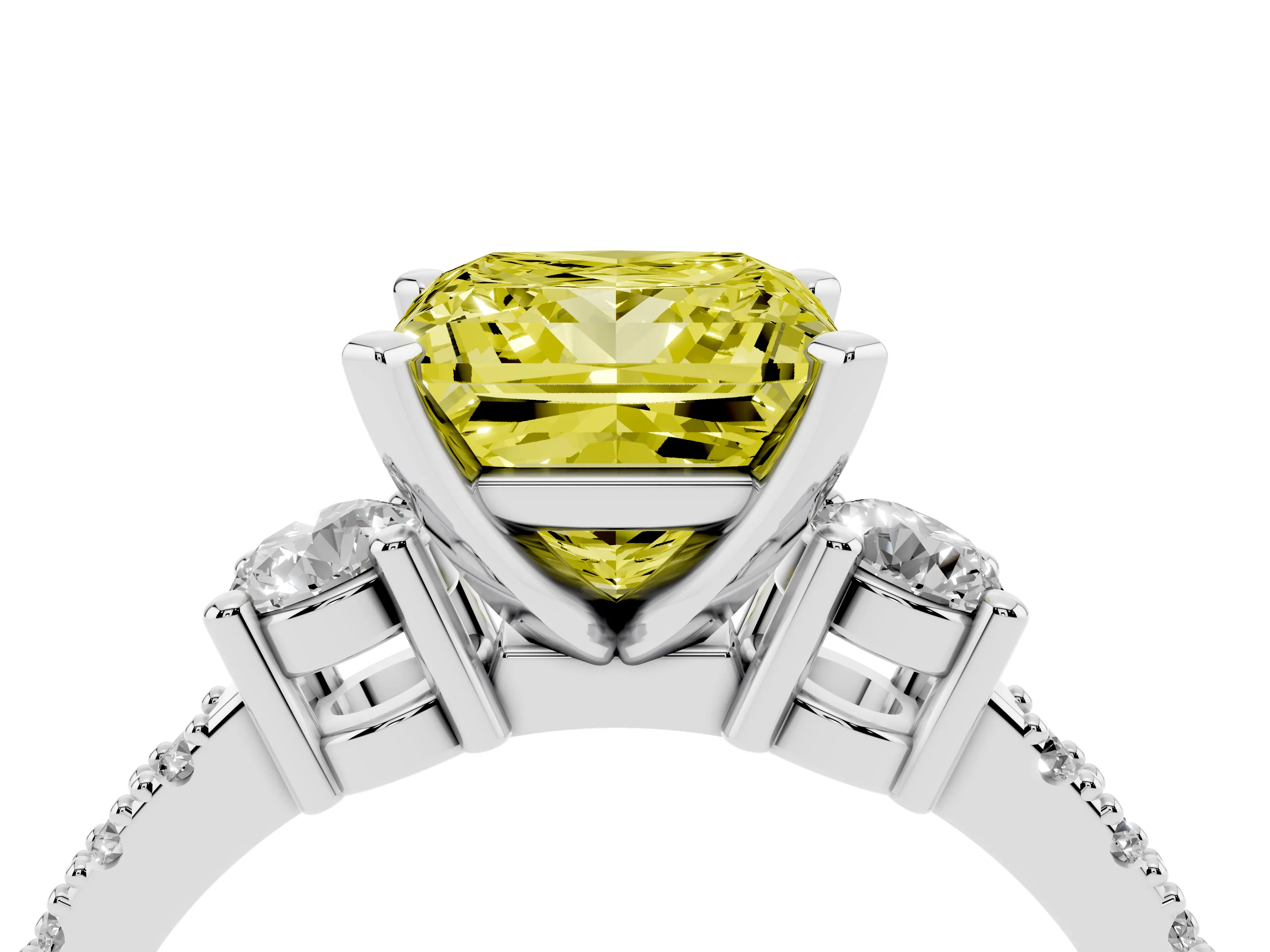 Fancy Yellow Three-Stone Princess Cut Diamond Pavé Band Ring Set in Silver with Prong Setting