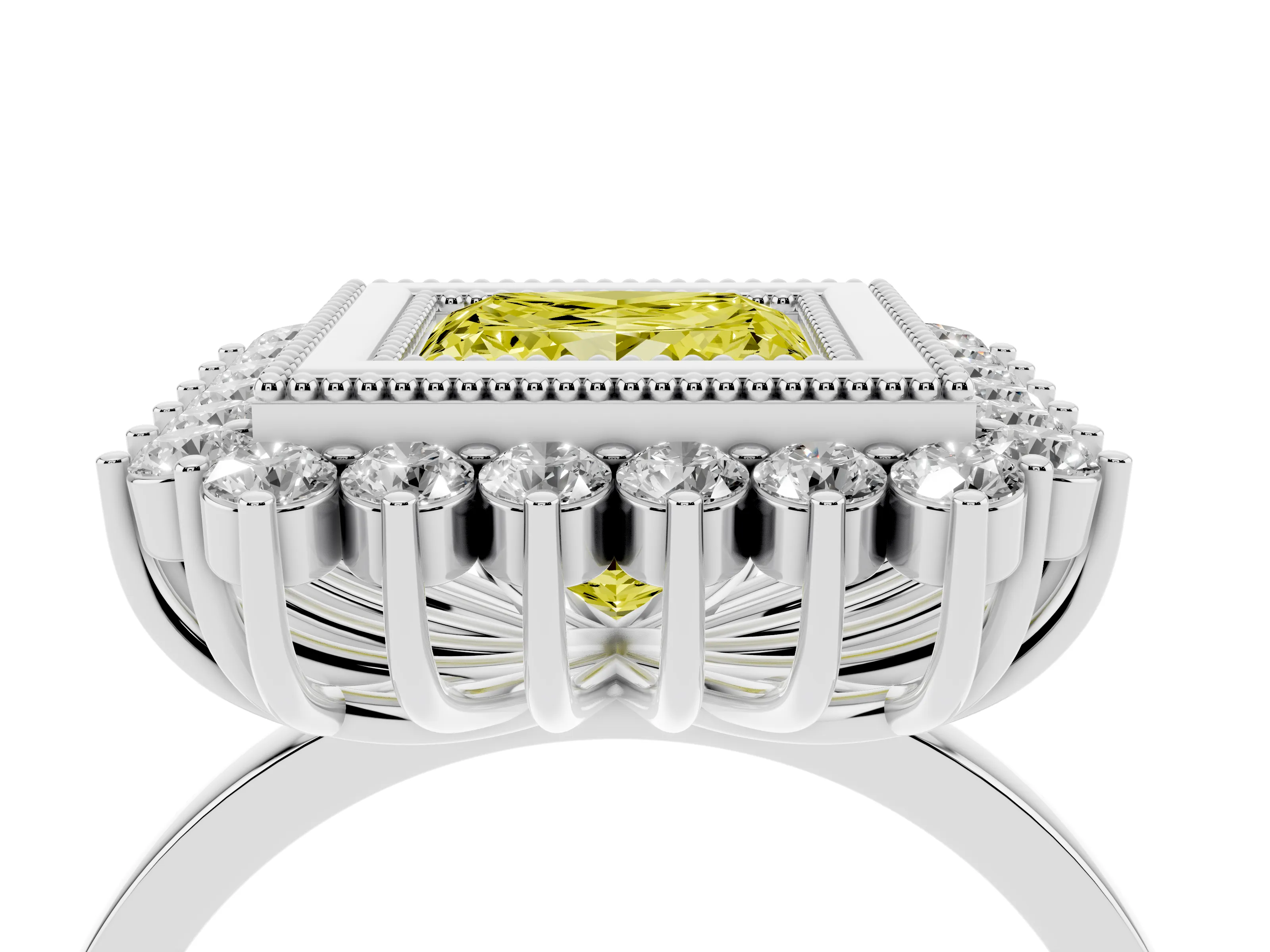 Fancy Yellow Princess Cut Diamond Halo Ring Set in Platinum with Milgrain Edge and Round Prong Setting