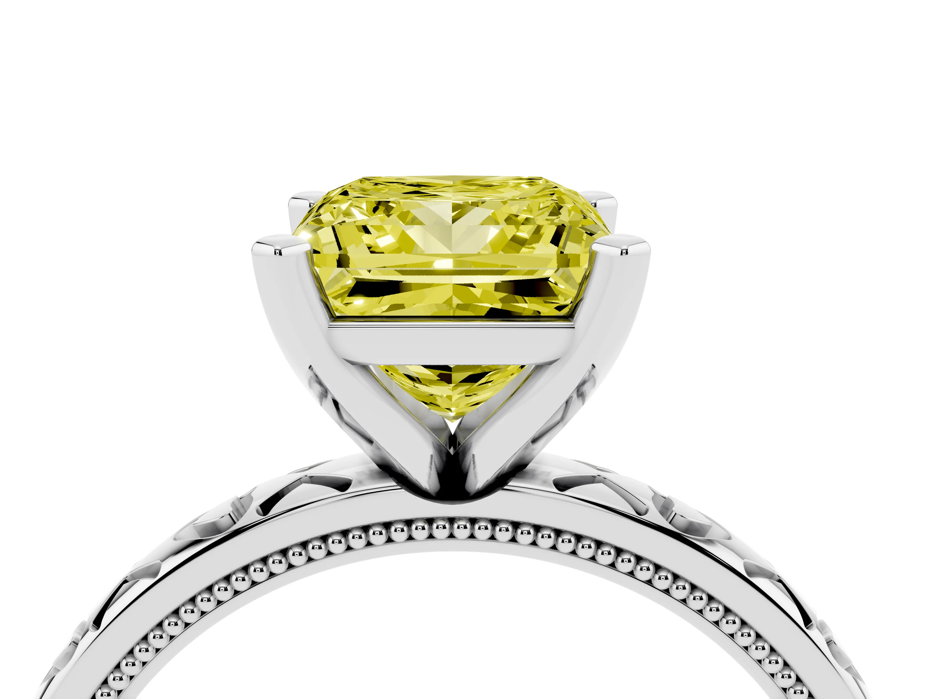 Fancy Yellow Princess Cut Diamond Solitaire Engagement Ring Set in Platinum with XO Engraved Band and Prong Setting