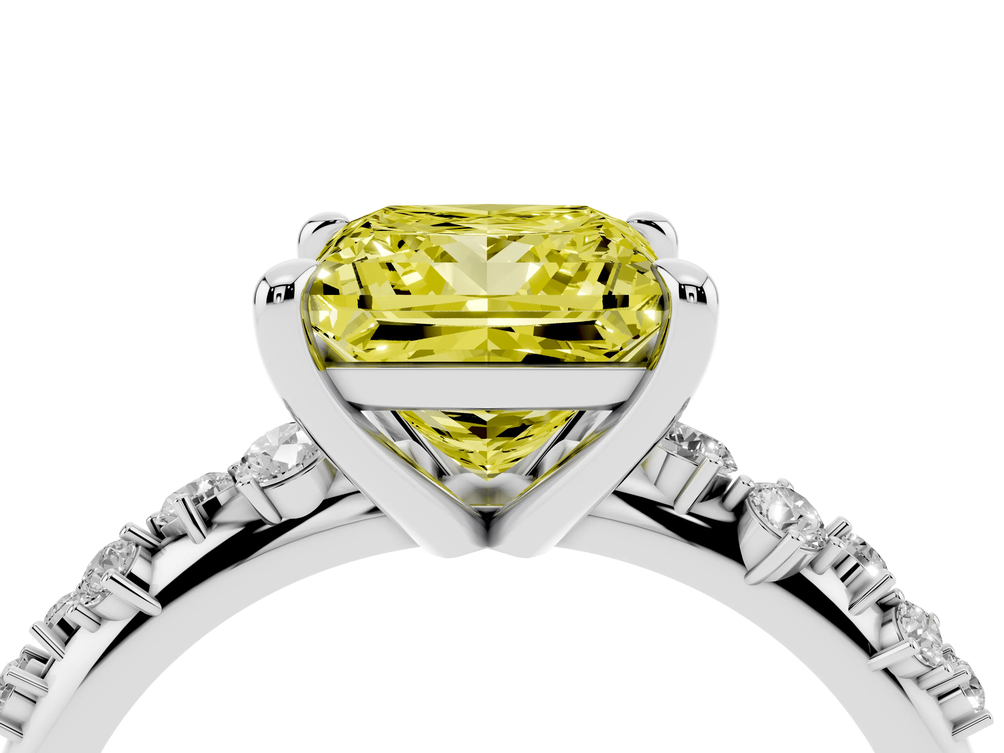 Fancy Yellow Princess Cut Diamond Solitaire Vine Band Ring Set in White gold with Round Accents and Prong Setting