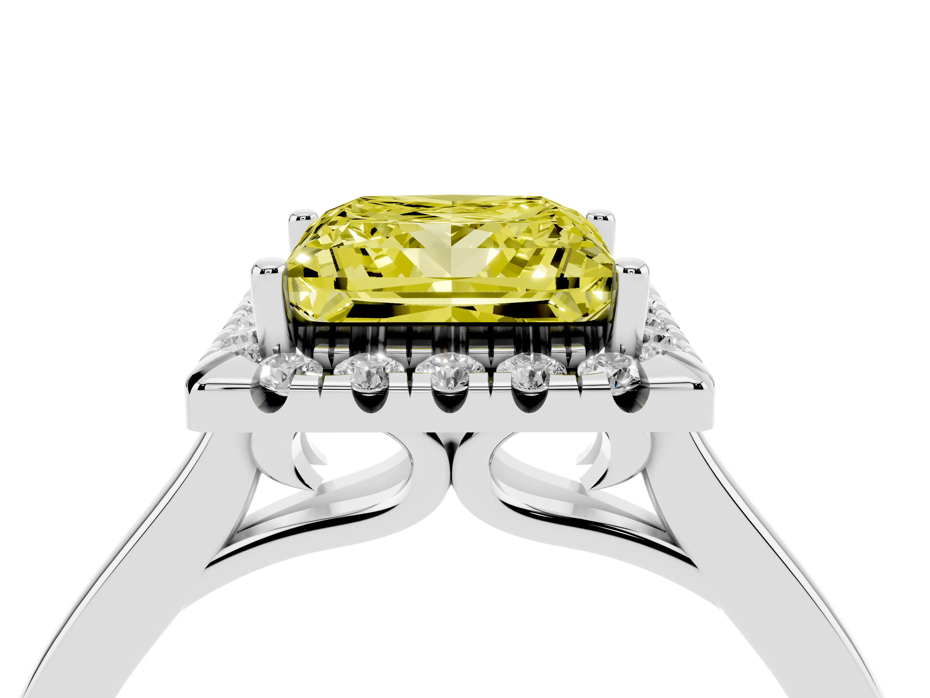 Fancy Yellow Princess Cut Halo Round Diamond Solitaire Ring Set in Platinum with Pavé Band and Prong Setting