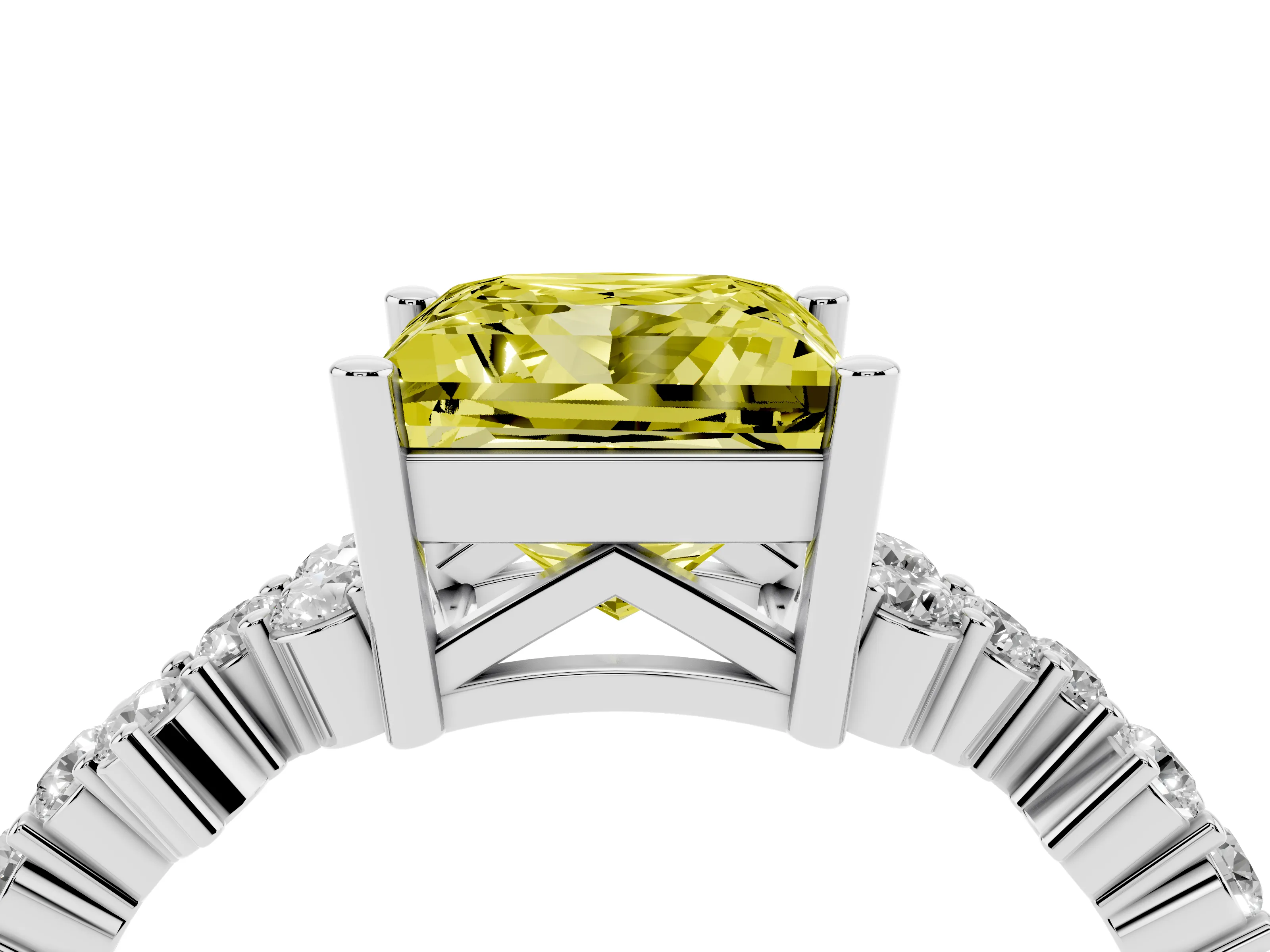 Fancy Yellow Princess Cut Diamond Ring Set in White gold with Scattered Round Accents
