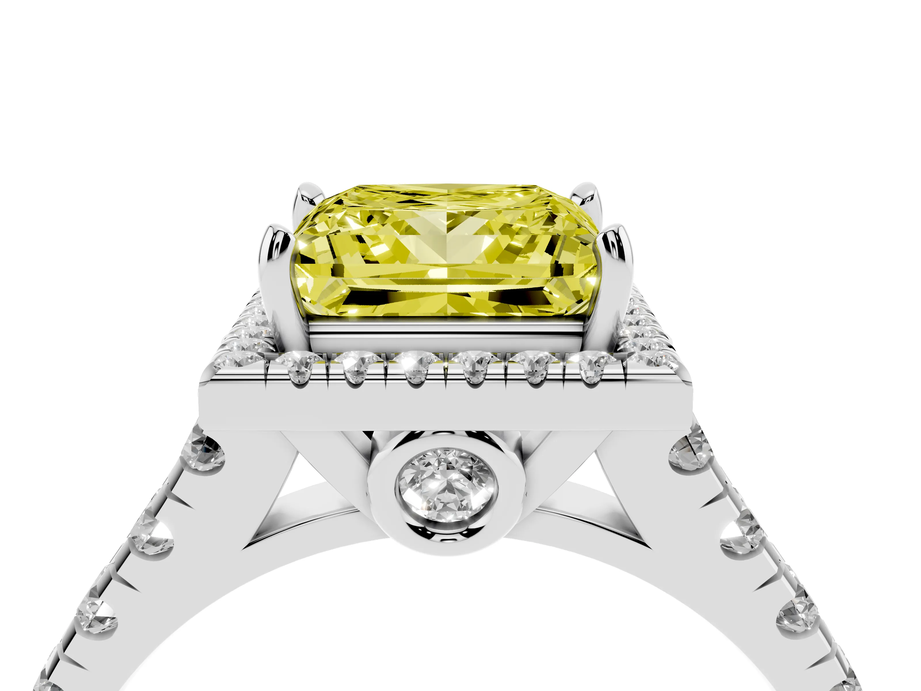 Fancy Yellow Princess Cut Diamond Halo Engagement Ring Set in Platinum with Pavé Band and Prong-Set Center
