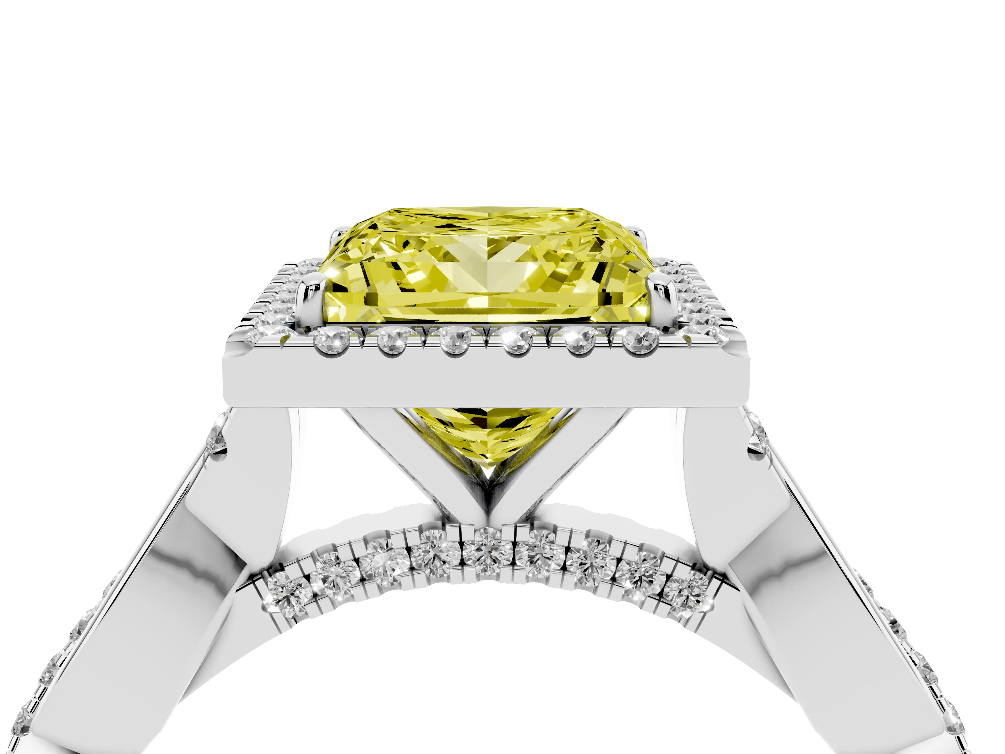 Fancy Yellow Princess Cut Diamond Halo Twist Band Solitaire Ring Set in Platinum with Prong Setting
