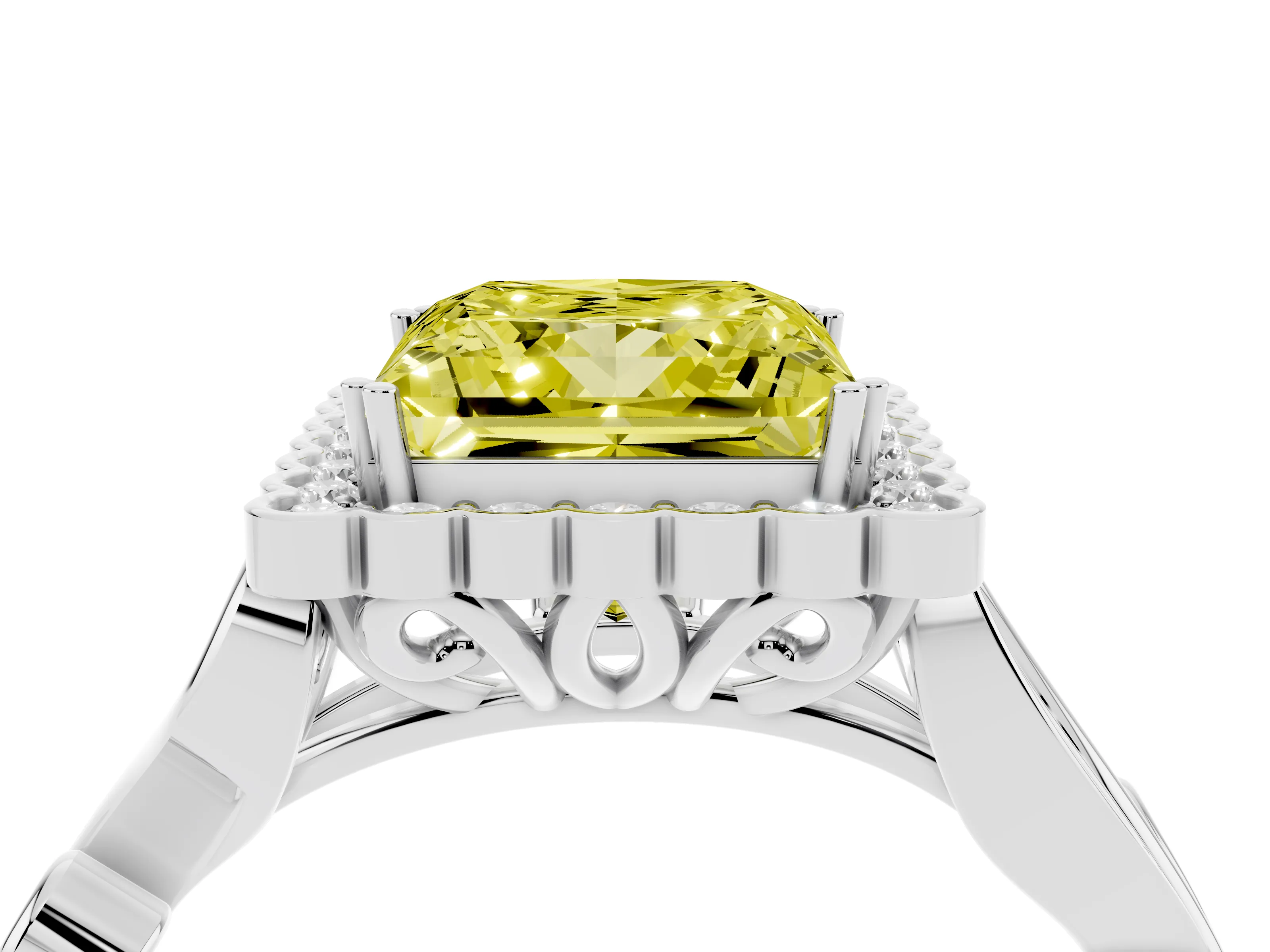 Fancy Yellow Princess Cut Diamond Halo Ring Set in White gold with Leaf Motif Split Shank and Prong Setting