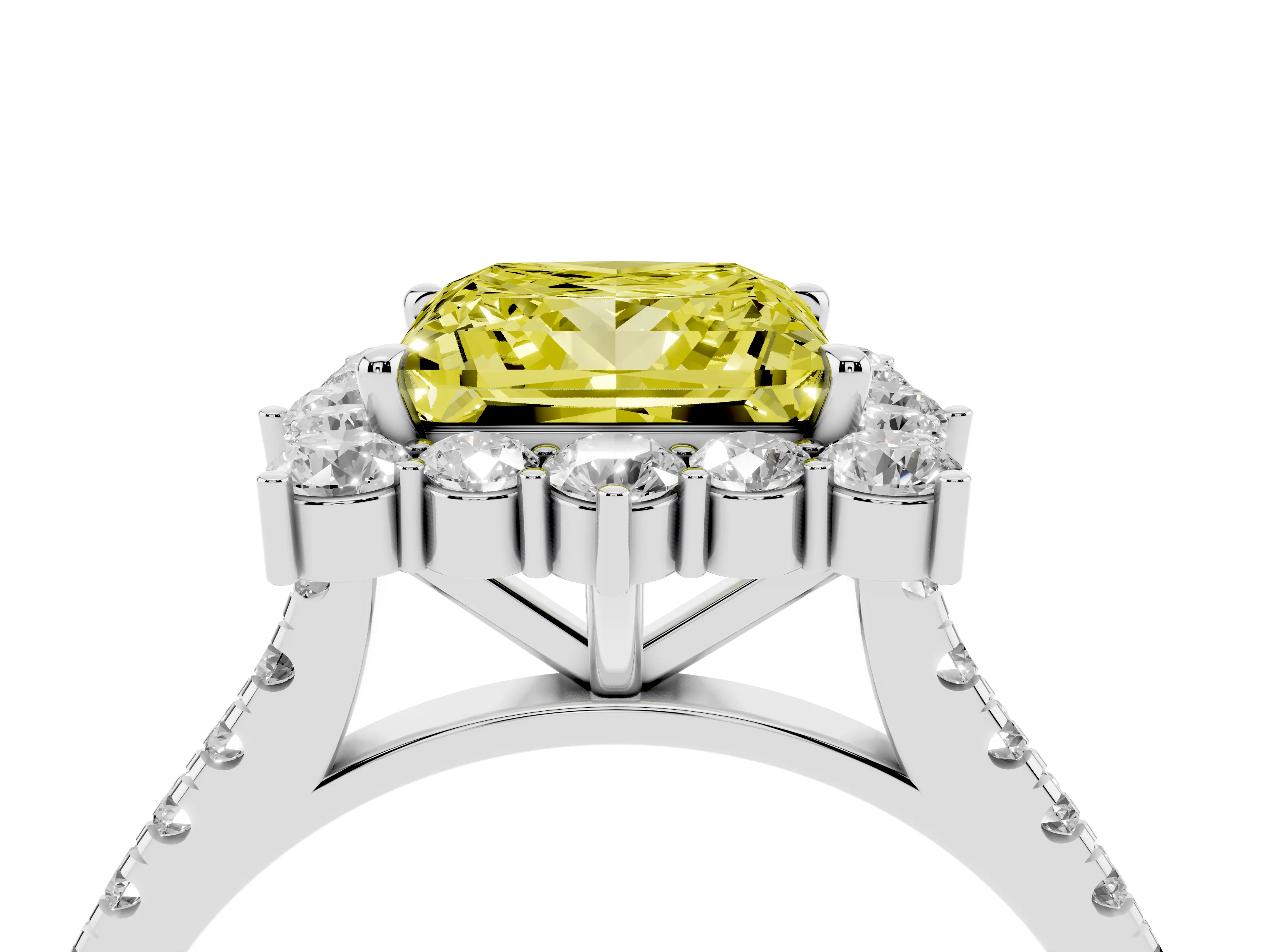 Fancy Yellow Princess Cut Diamond Halo Ring Set in Silver with Pavé Band and Prong Setting