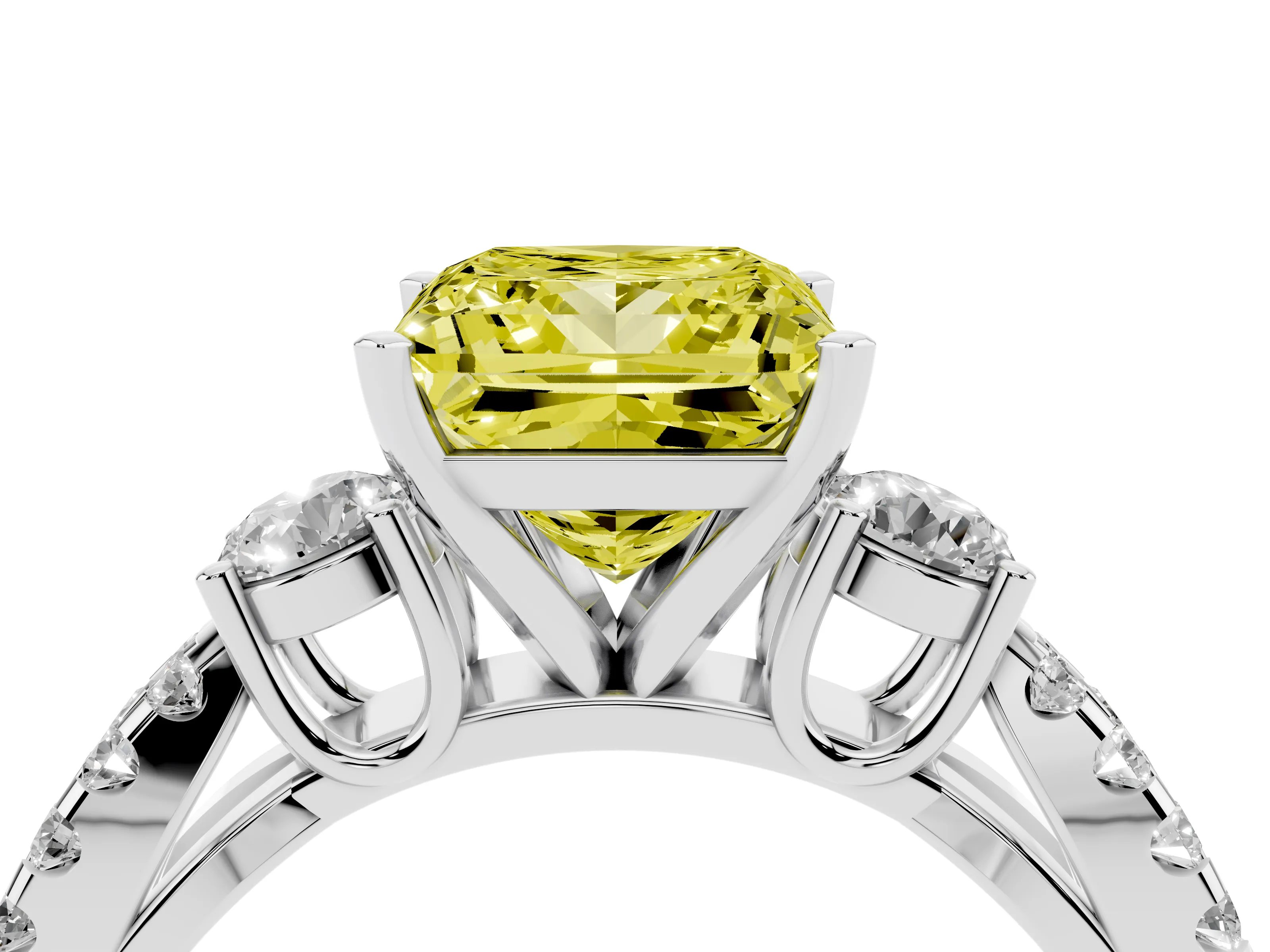 Fancy Yellow Princess Cut Diamond Three-Stone Ring Set in White gold with Pavé Split Shank and Prong Setting