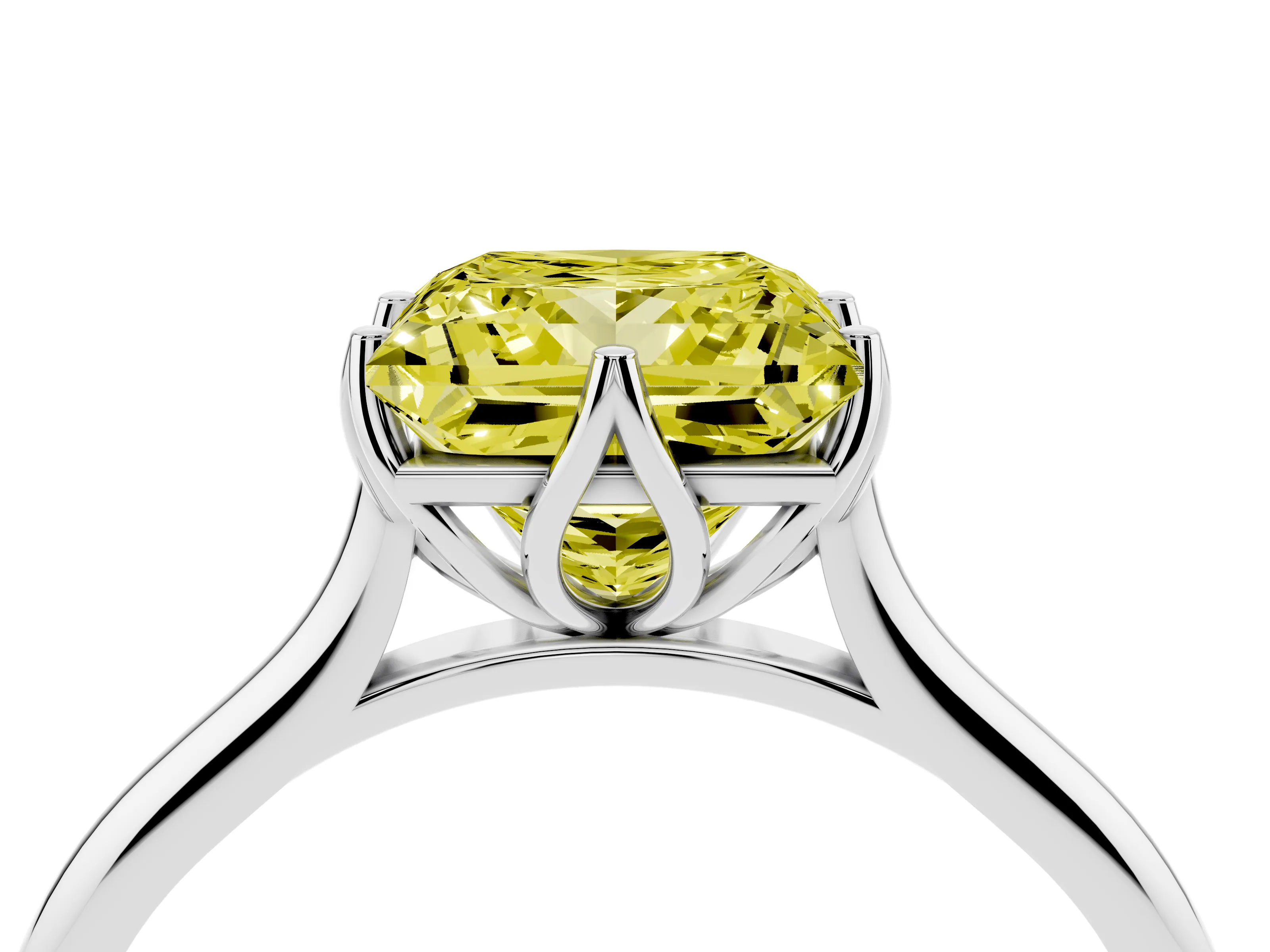 Fancy Yellow Princess Cut Diamond Solitaire Cathedral Ring Set in Silver with Prong Setting
