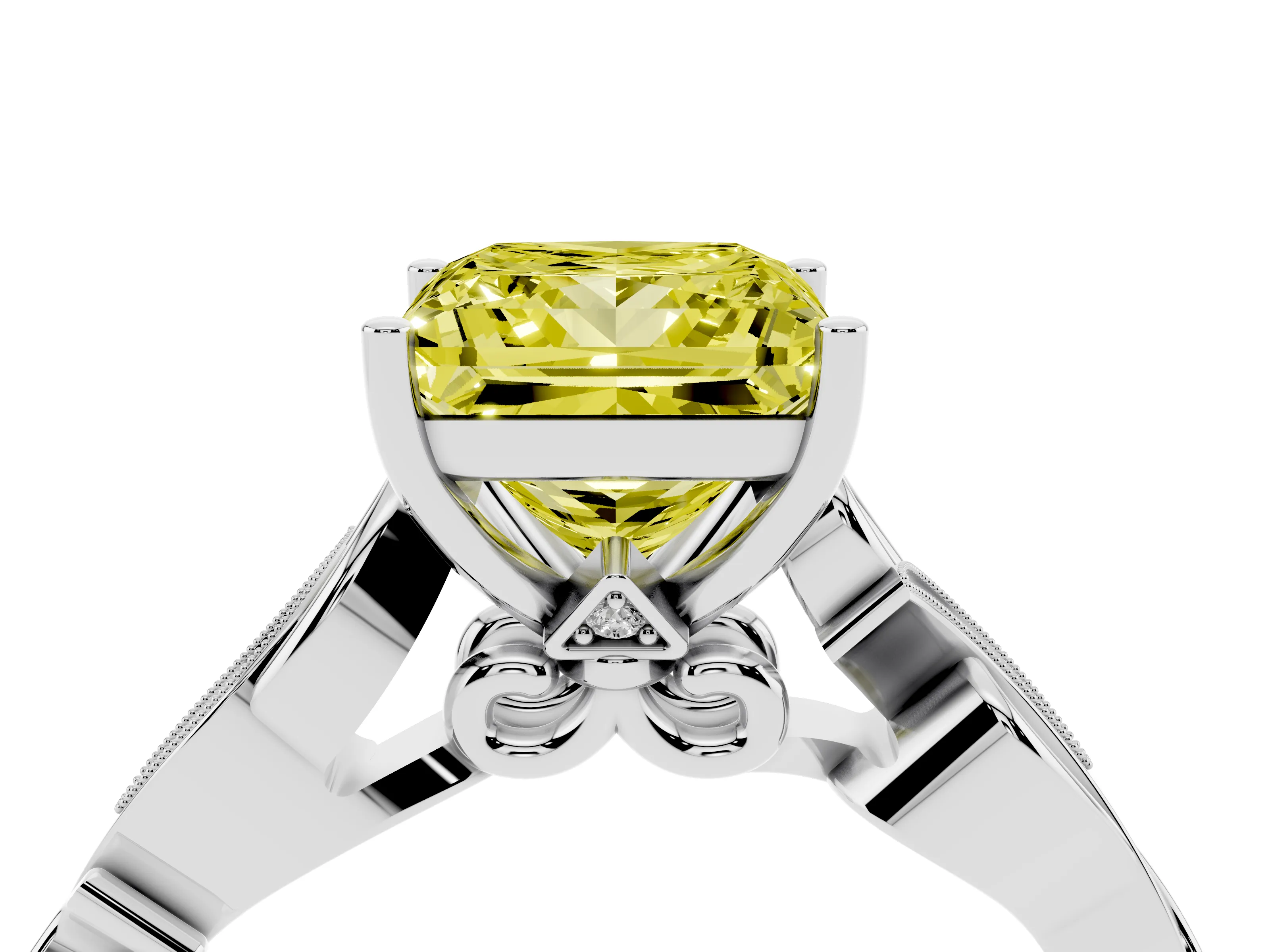 Fancy Yellow Princess Cut Diamond Vine Band Solitaire Ring Set in White gold with Milgrain Prong Setting