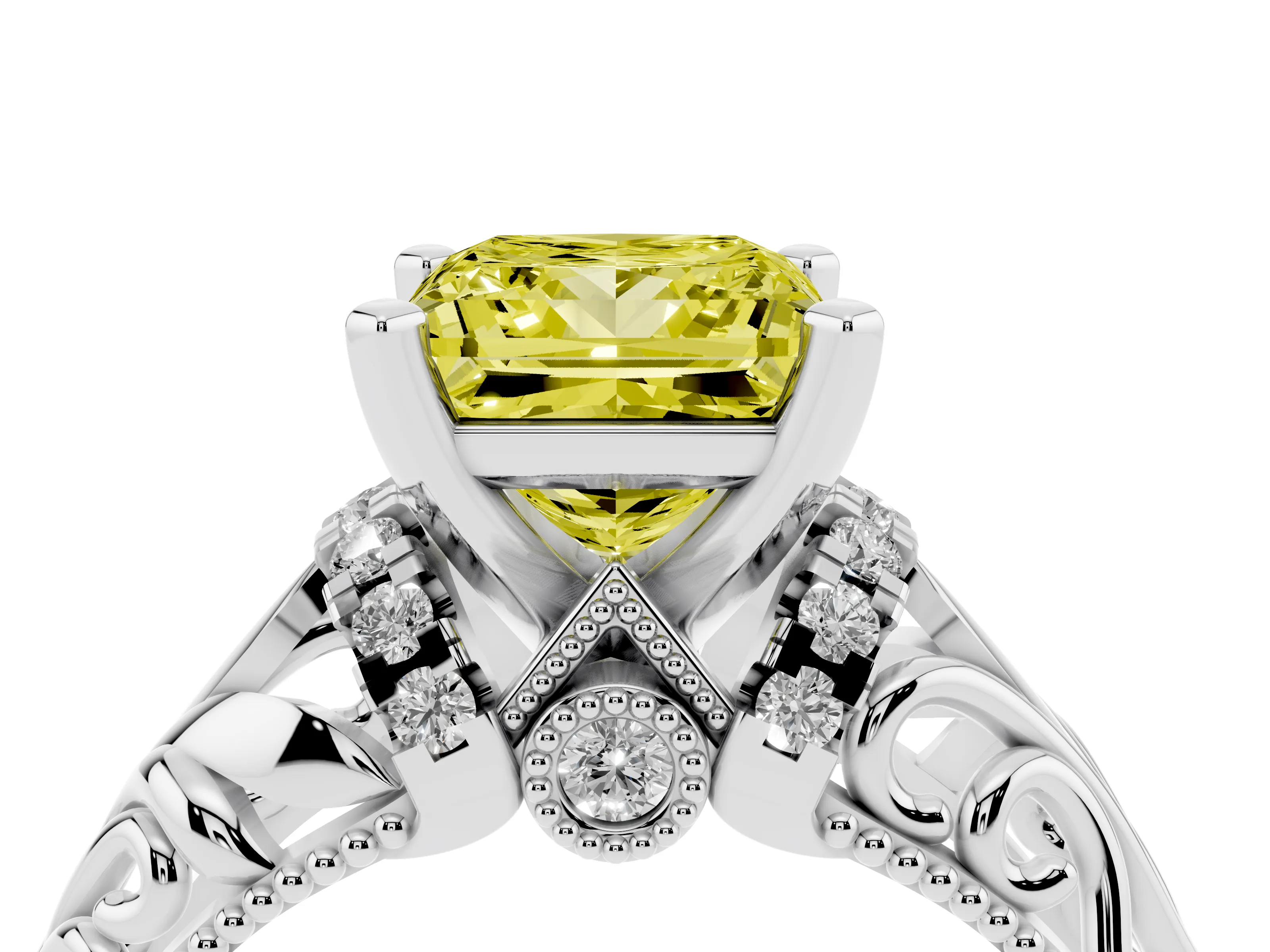 Fancy Yellow Princess Cut Diamond Filigree Halo Engagement Ring Set in White gold with Prong Setting