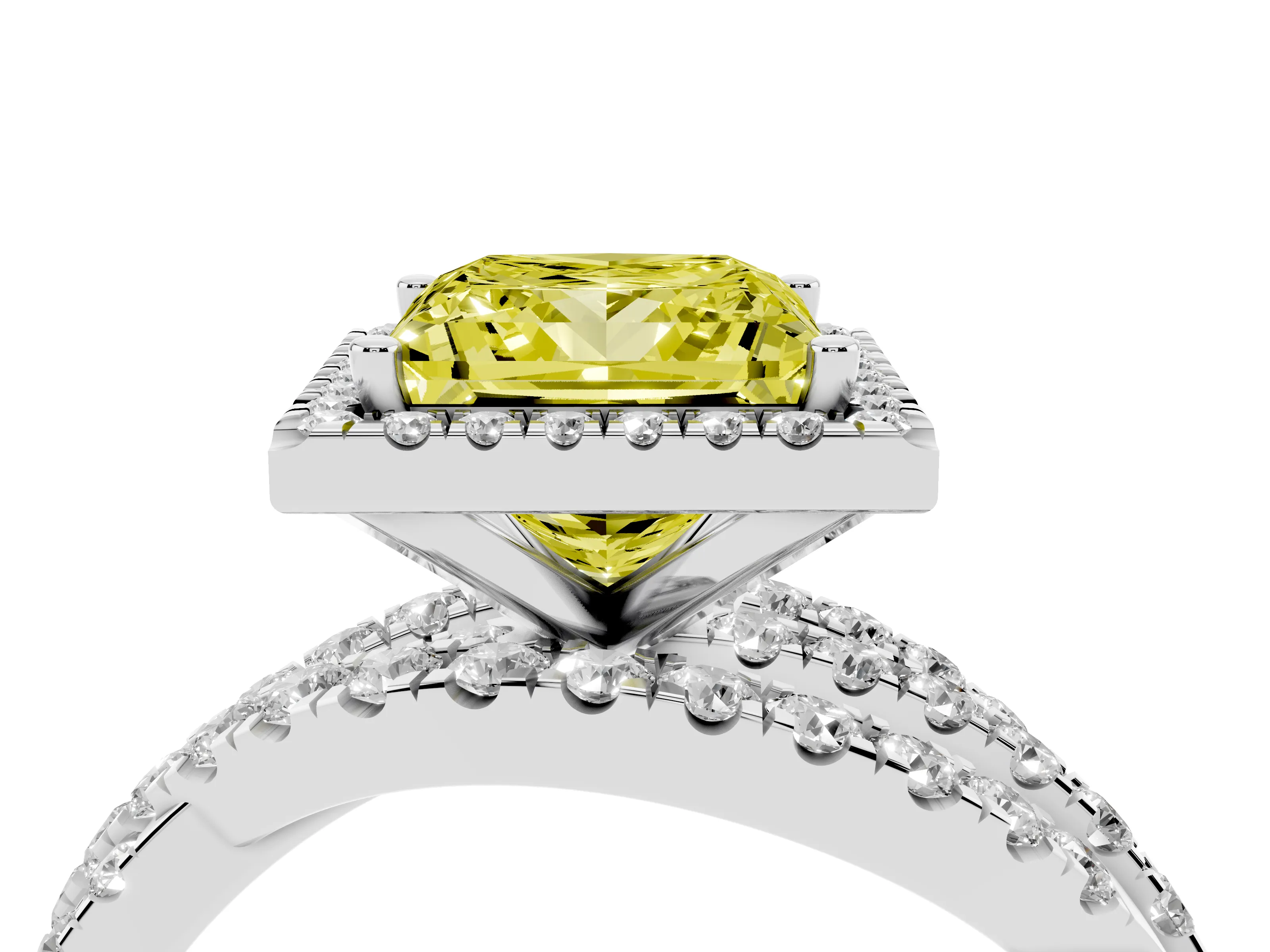 Fancy Yellow Princess Cut Diamond Halo Ring Set in Silver with Round Crossover Split Shank and Prong Setting