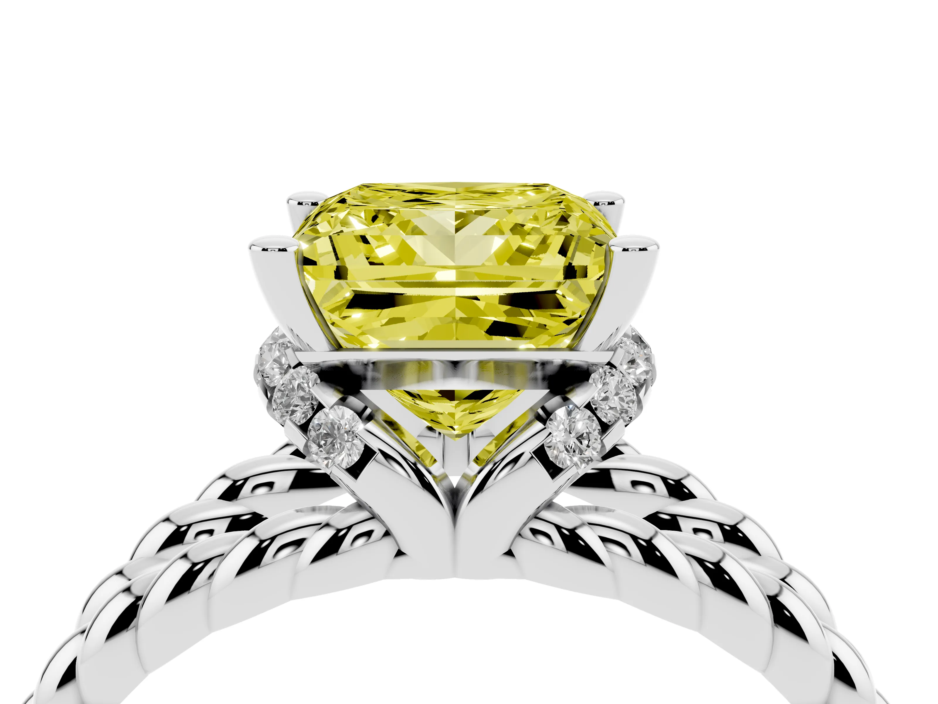 Fancy Yellow Princess Cut Diamond Halo Ring Set in White gold with Twisted Band and Prong Setting
