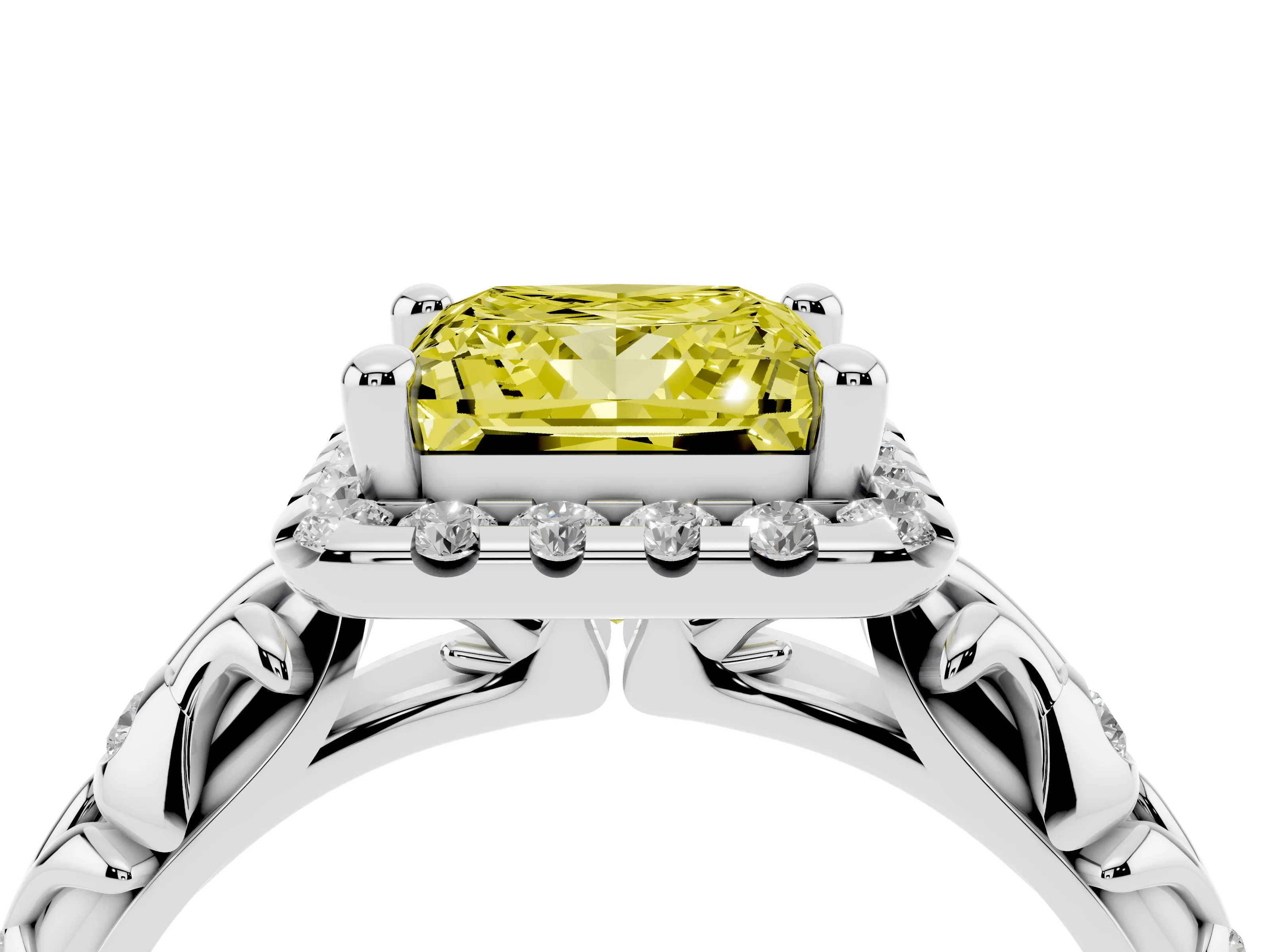 Fancy Yellow Princess Cut Diamond Halo Ring Set in Silver with Filigree Leaf Band and Prong Setting