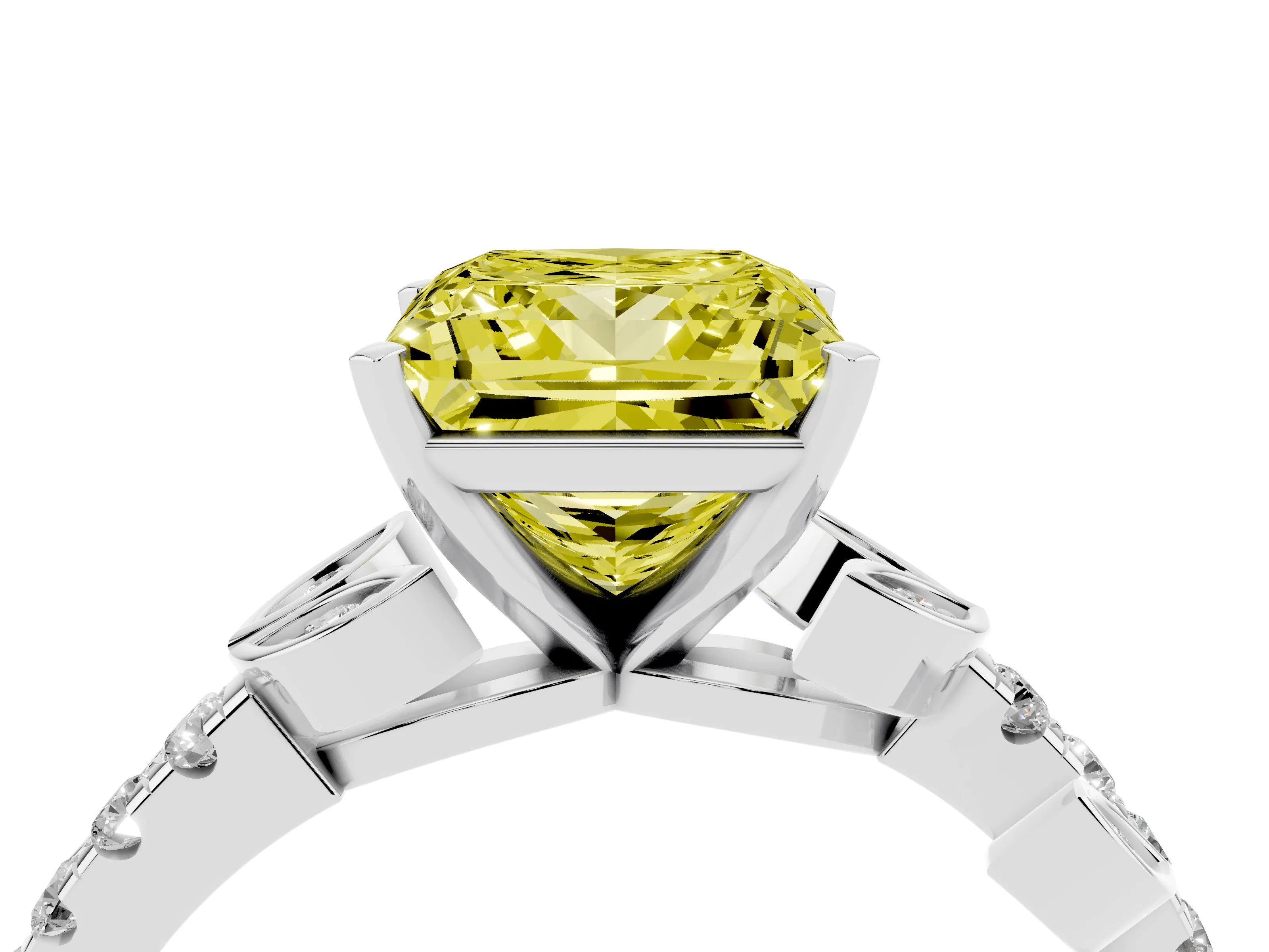 Fancy Yellow Princess Cut Diamond Solitaire Leaf-Inspired Ring Set in White gold with Pavé Band and Prong Setting