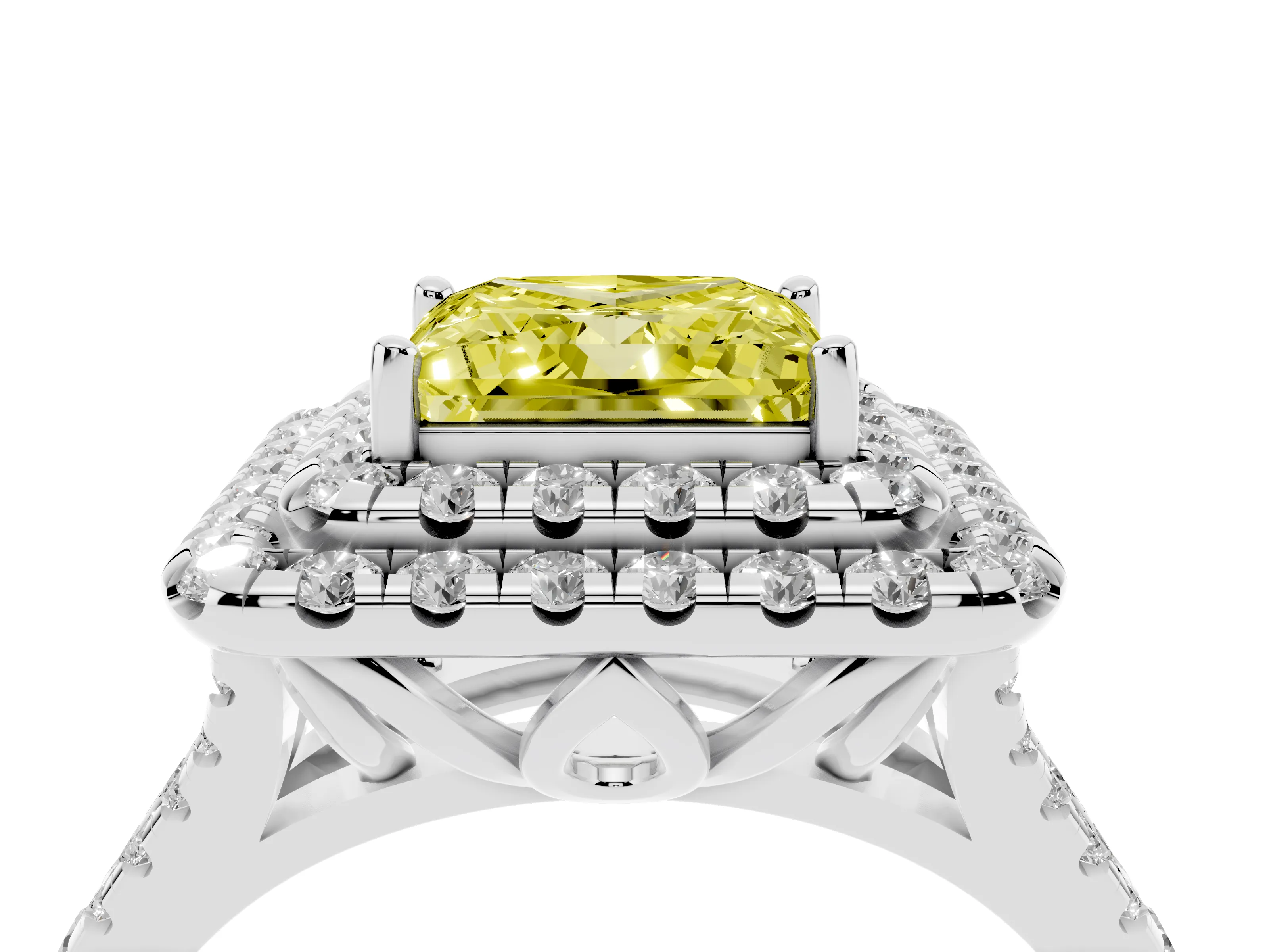Fancy Yellow Princess Cut Diamond Double Halo Ring Set in Platinum with Pavé Split Shank and Prong Setting
