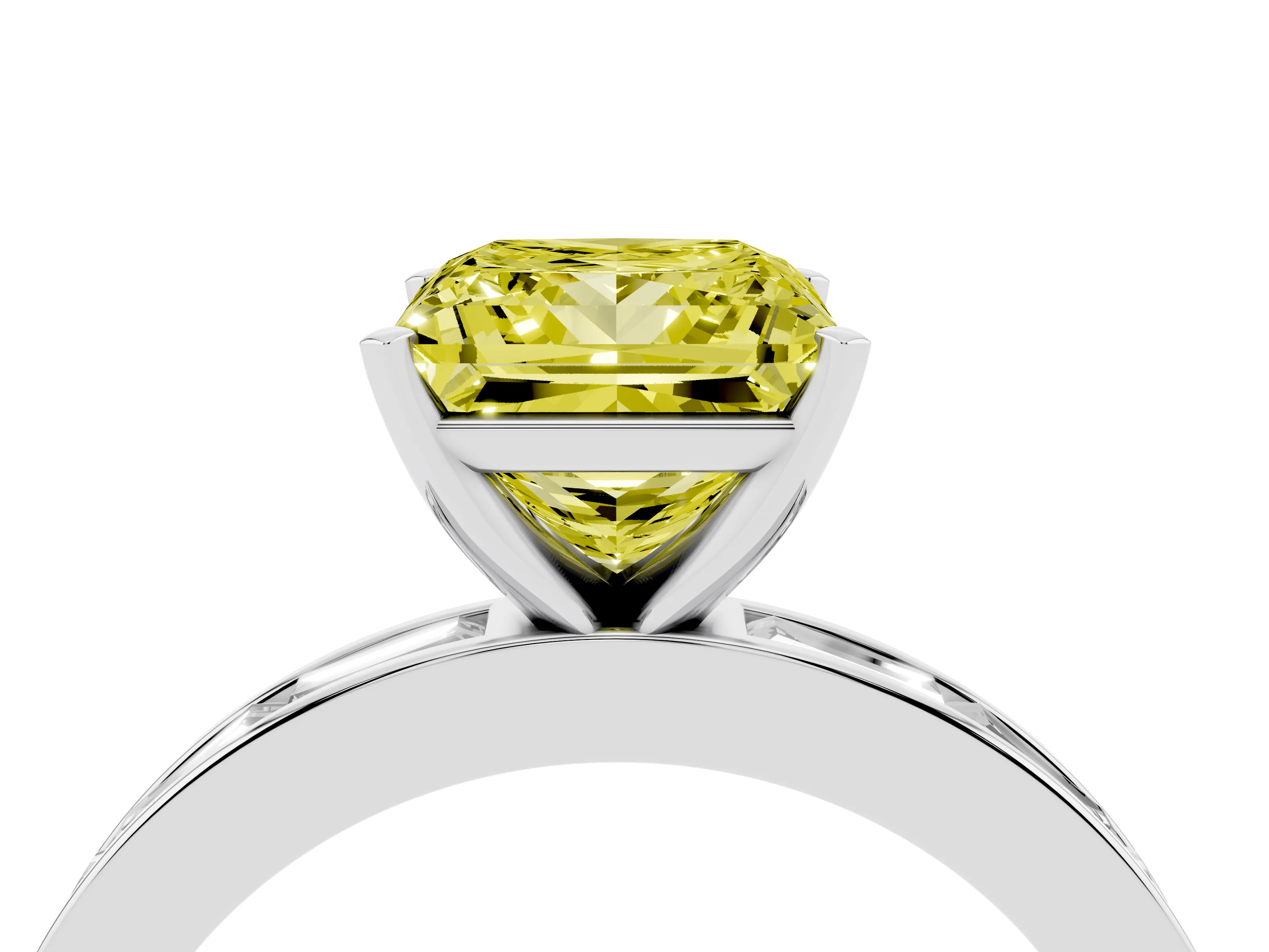 Fancy Yellow Princess Cut Diamond Solitaire Ring Set in Silver with Channel-Set Baguette Band and Prong Setting