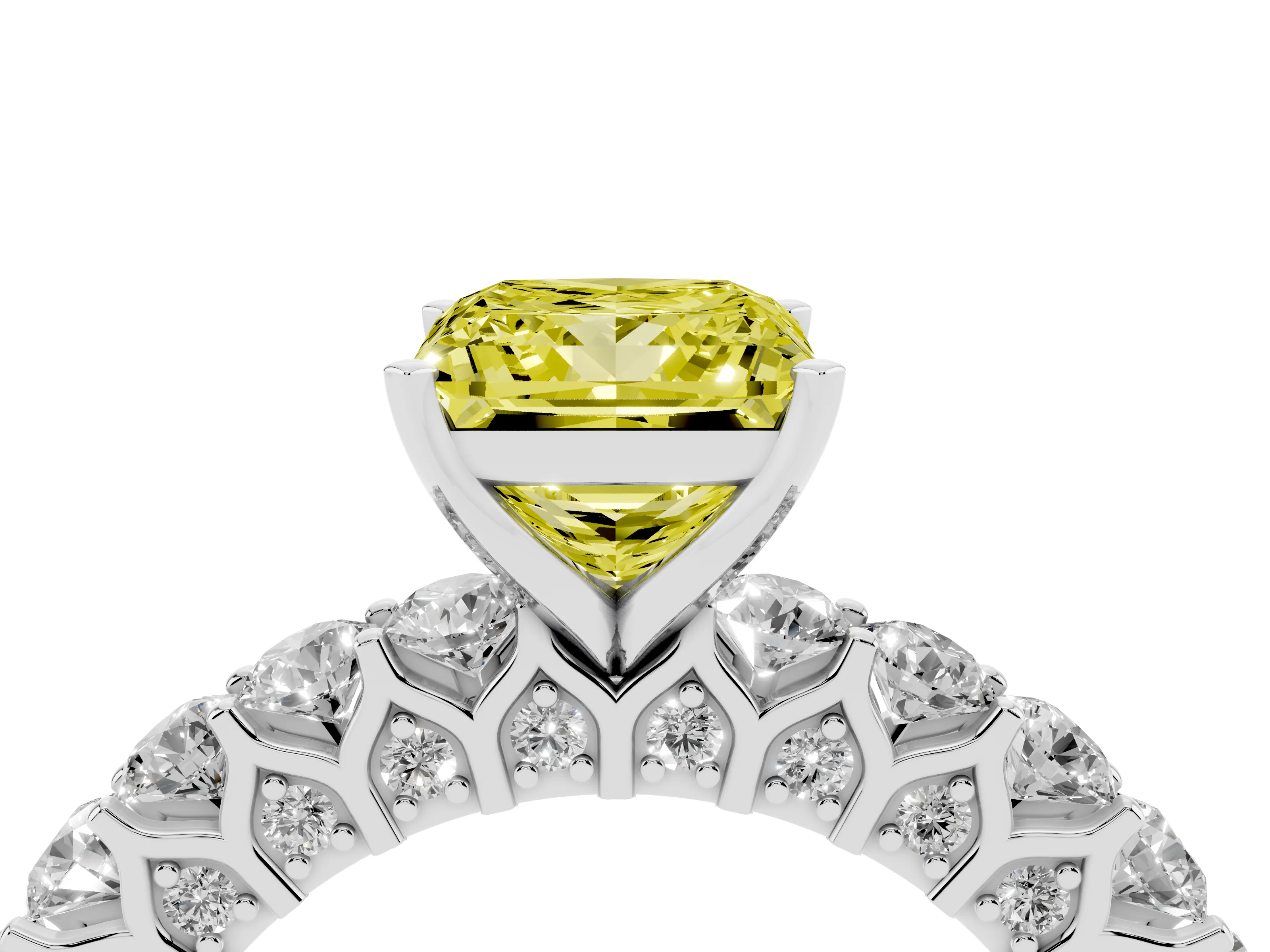 Fancy Yellow Princess Cut Diamond Solitaire Ring Set in Silver with Shared Prong Pavé Band