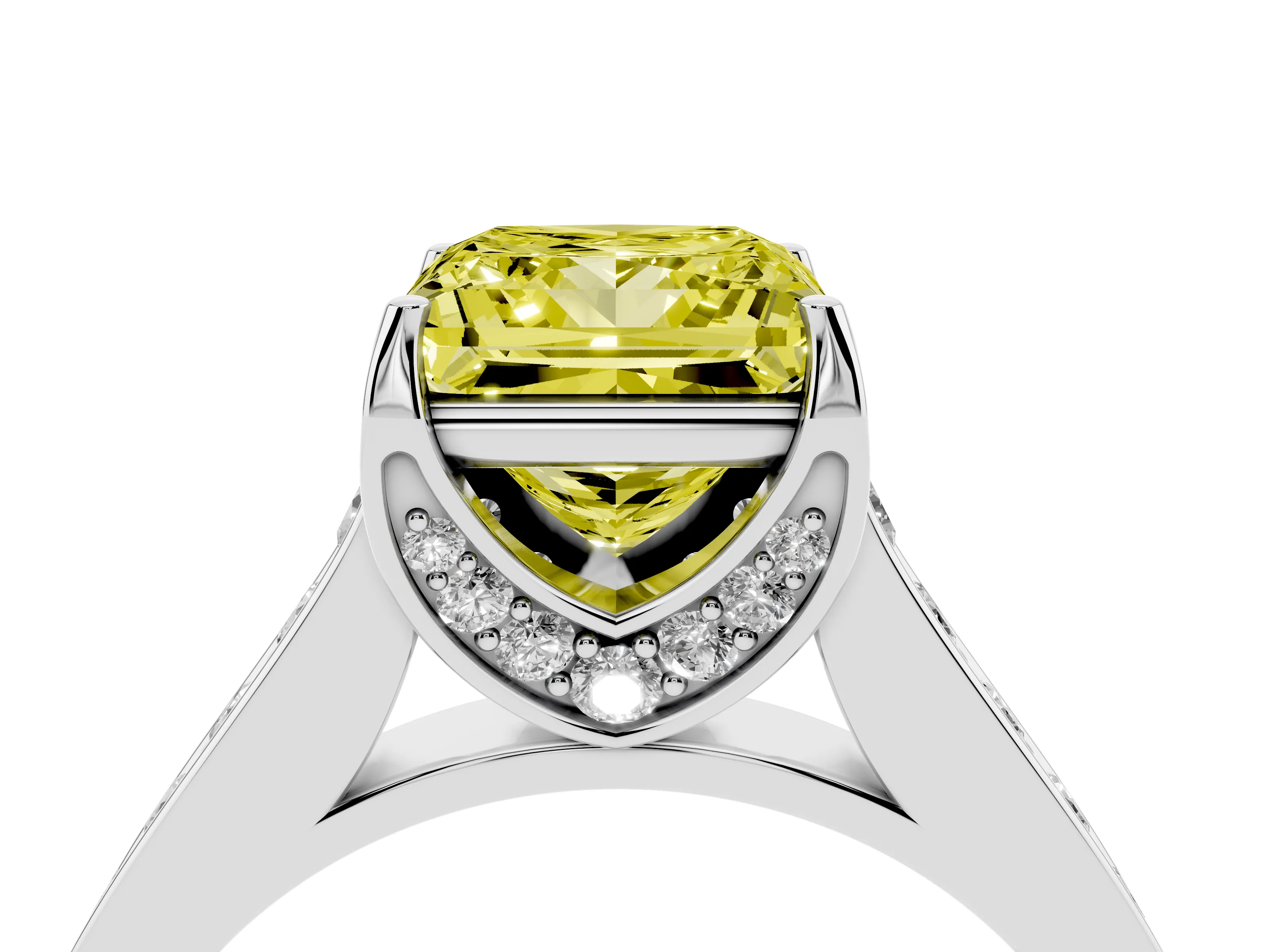 Fancy Yellow Princess Cut Diamond Solitaire Pavé Engagement Ring Set in Silver with Prong Setting