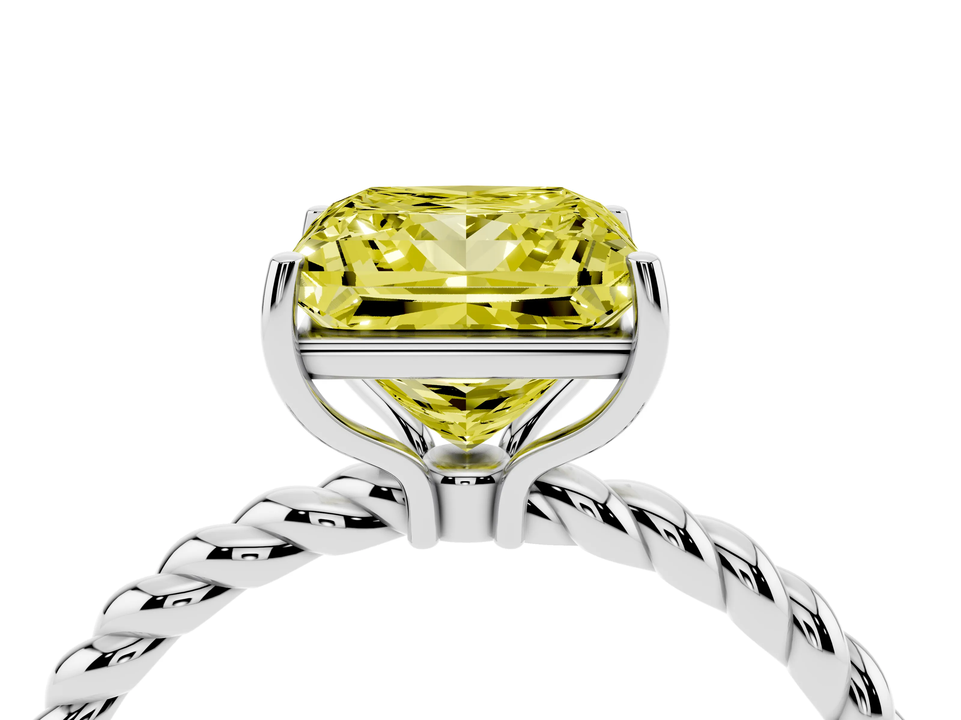 Fancy Yellow Princess Cut Diamond Solitaire Ring Set in White gold with Twist Band and Prong Setting