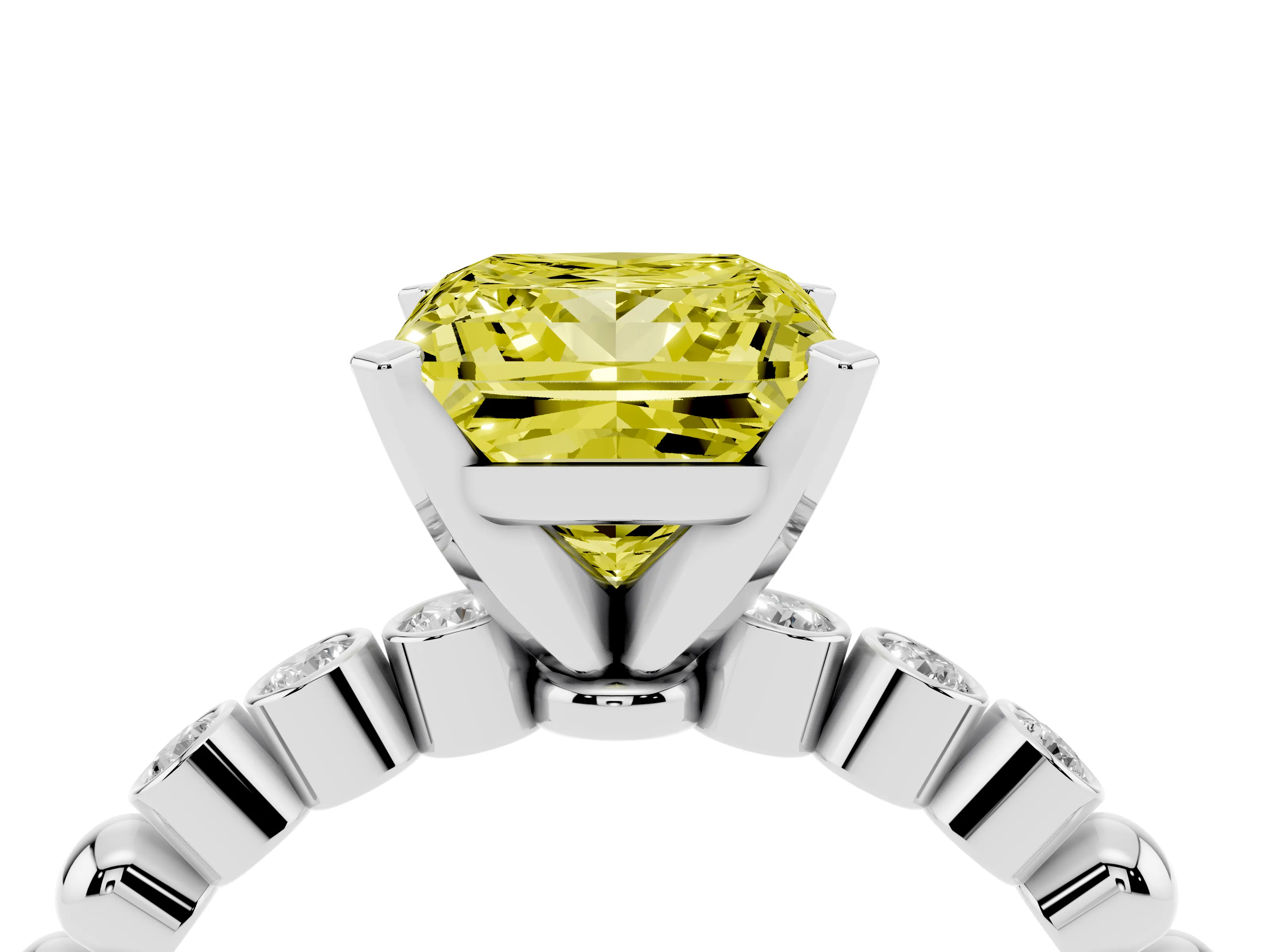 Fancy Yellow Princess Cut Diamond Solitaire Engagement Ring Set in Silver with Bezel Accents on Beaded Band