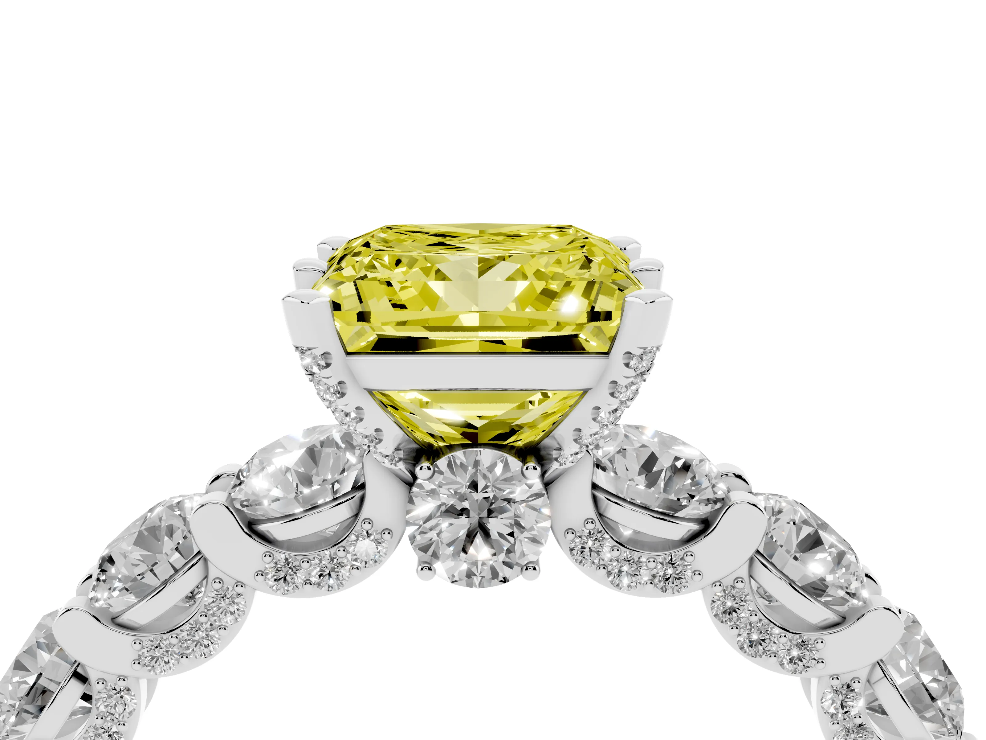 Fancy Yellow Princess Cut Diamond Side Stone Ring Set in Silver with Alternating Round and Oval Side Stones