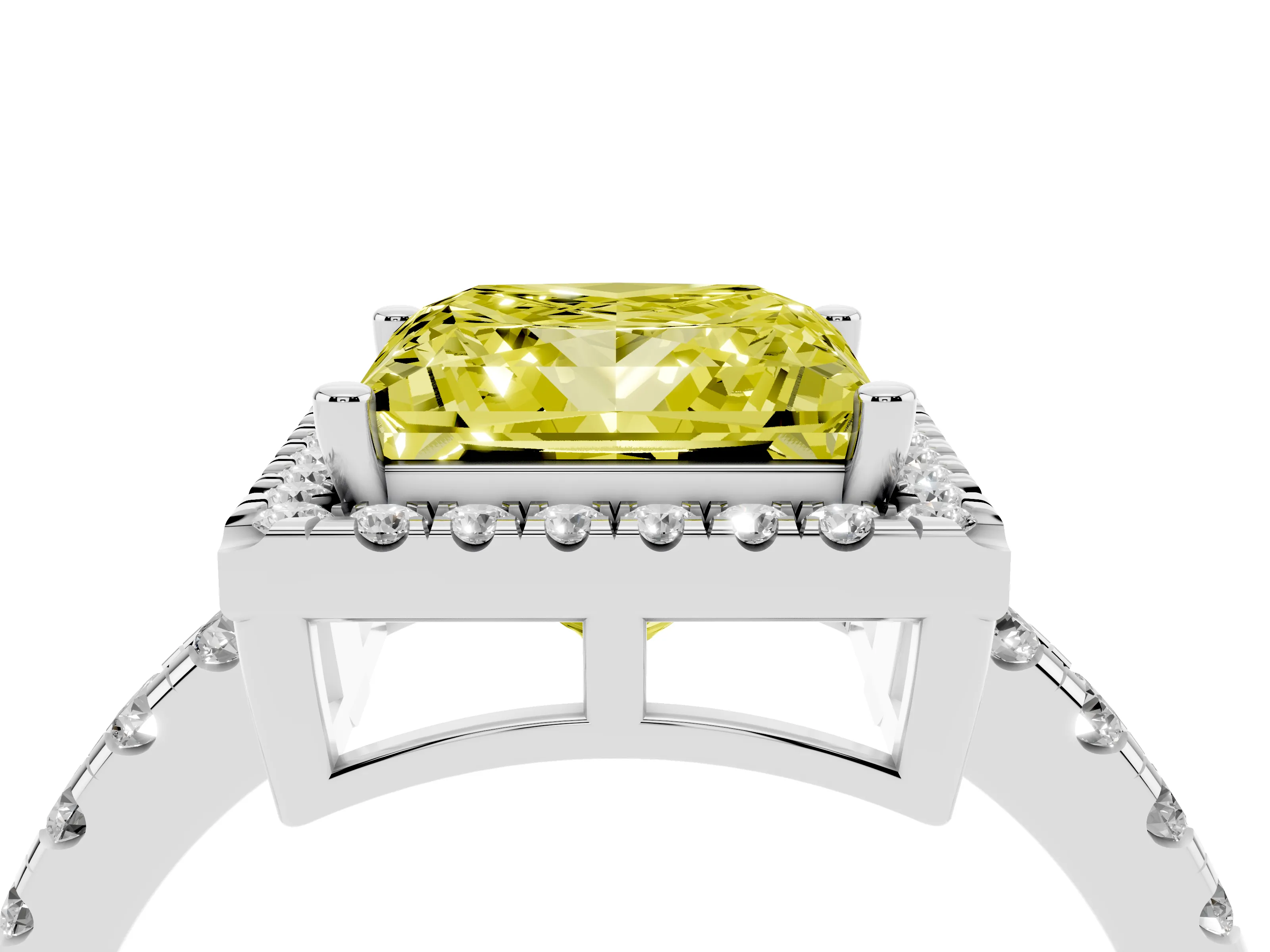 Fancy Yellow Princess Cut Diamond Halo Ring Set in Silver with Delicate Pavé Band and Prong Setting