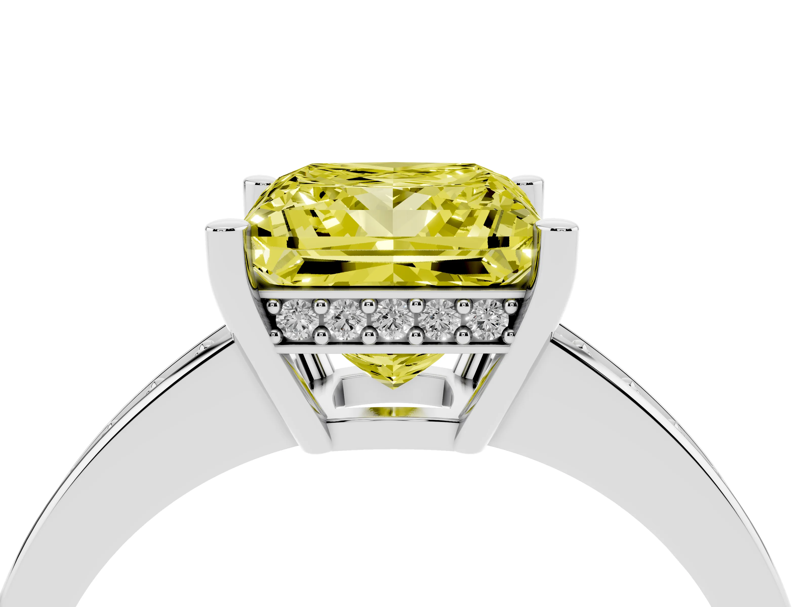 Fancy Yellow Princess Cut Diamond Pavé Band Prong Set Solitaire Ring Set in Platinum