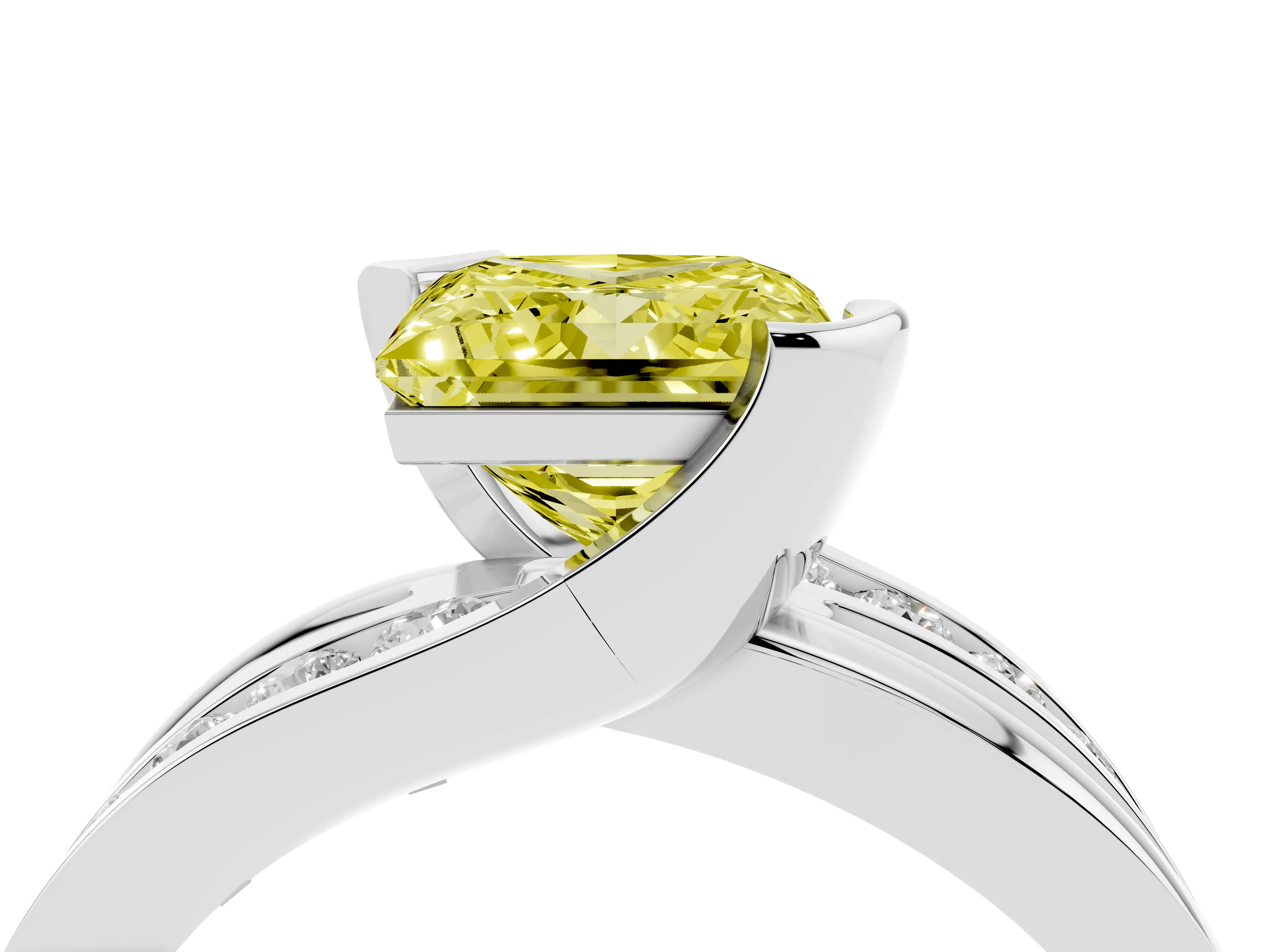 Fancy Yellow Princess Cut Diamond Solitaire Ring Set in Platinum with Channel Set Split Shank and Tension Prongs