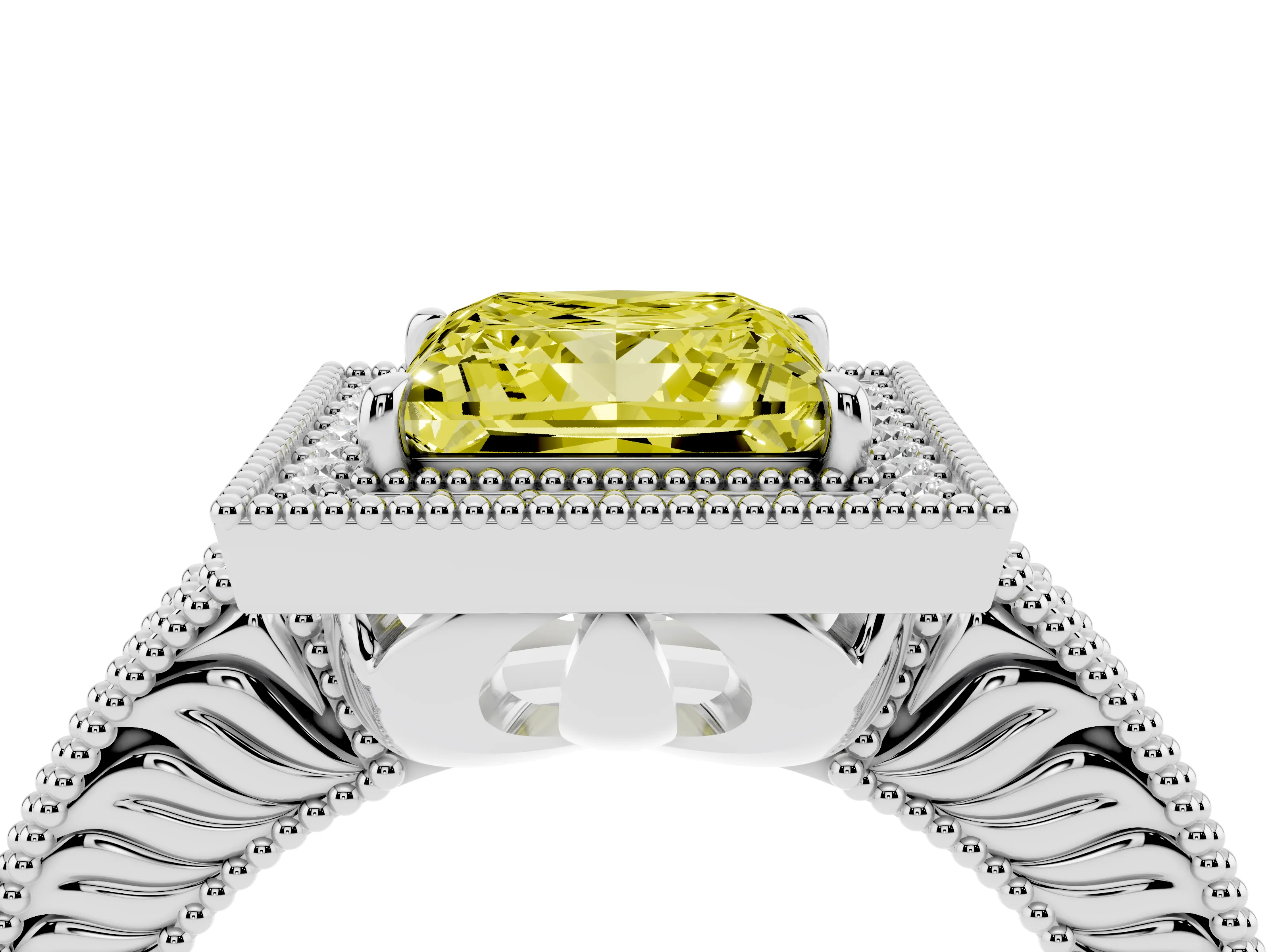 Fancy Yellow Princess Cut Diamond Halo Ring Set in White gold with Round Accent Halo, Pavé Band and Prong Setting