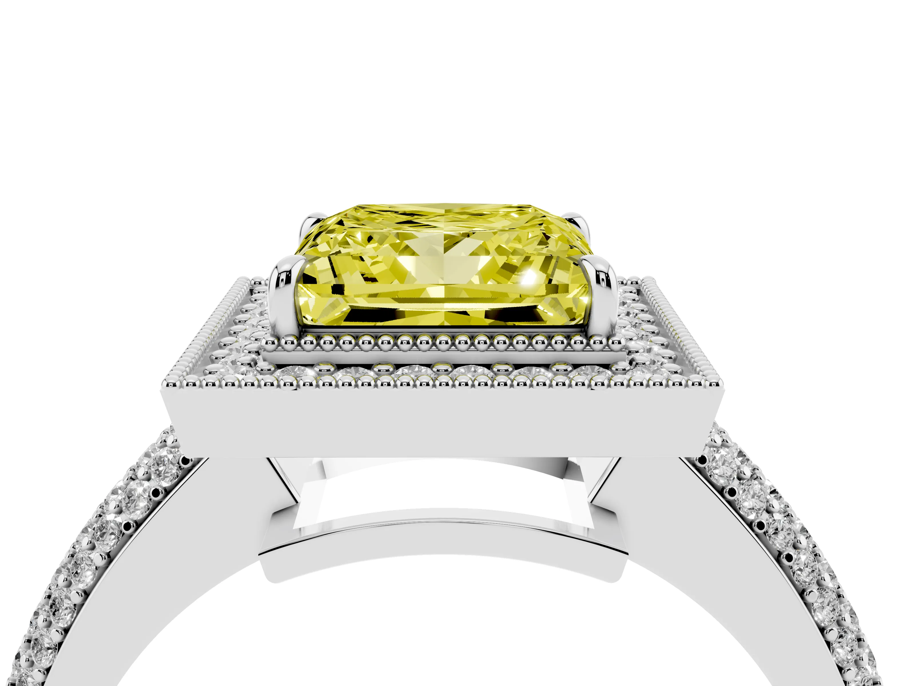 Fancy Yellow Princess Cut Diamond Halo Pavé Band Set in Platinum with Prong Setting