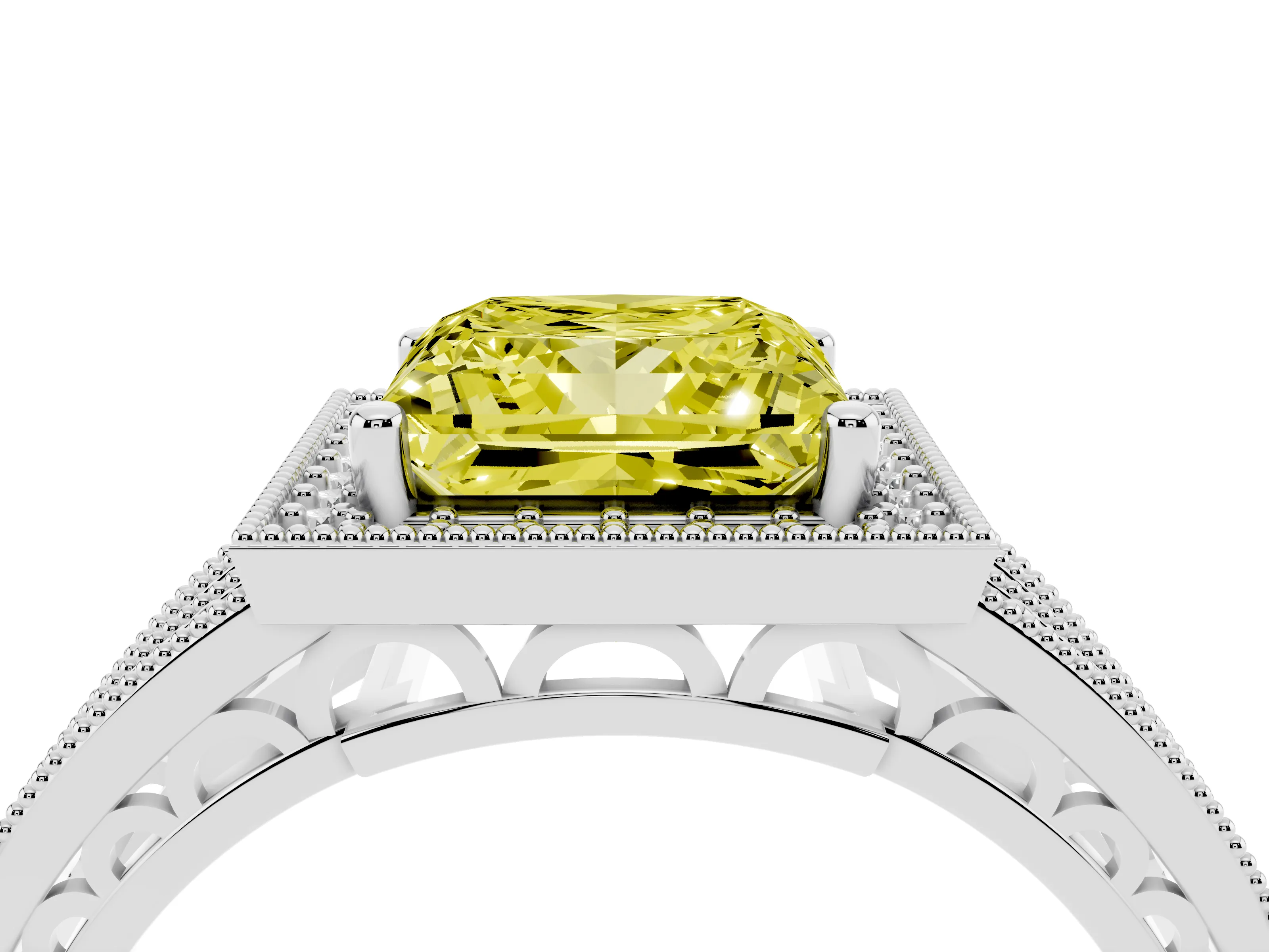 Fancy Yellow Princess Cut Diamond Halo Ring Set in White gold with Accent Split Shank and Prong Setting
