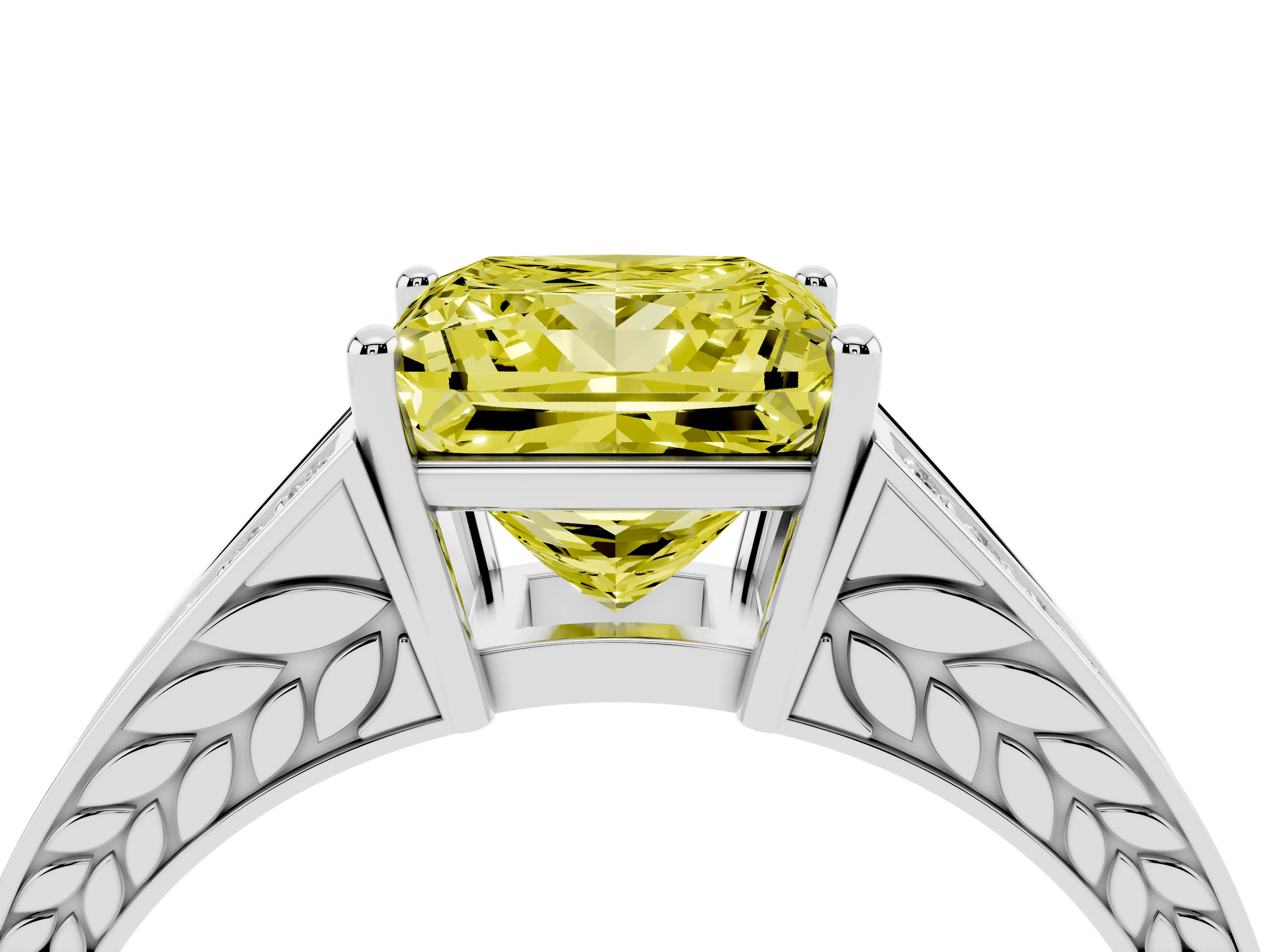 Fancy Yellow Princess Cut Diamond Split Shank Ring Set in Platinum with Pavé Band and Prong Setting