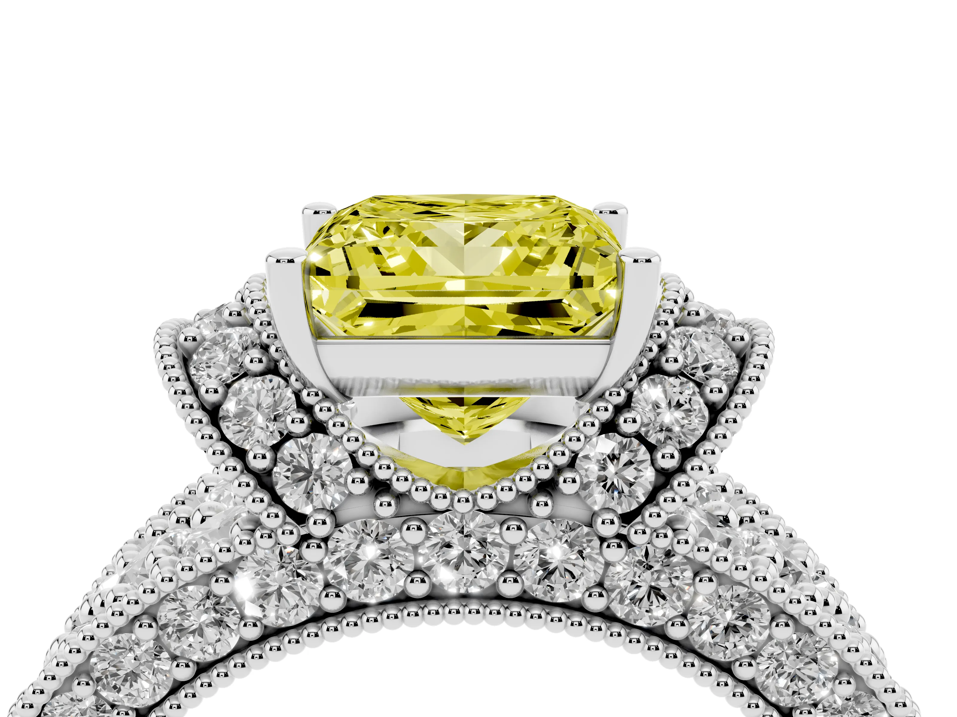 Fancy Yellow Princess Cut Diamond Milgrain Halo Pavé Engagement Ring Set in Silver with Prong Setting