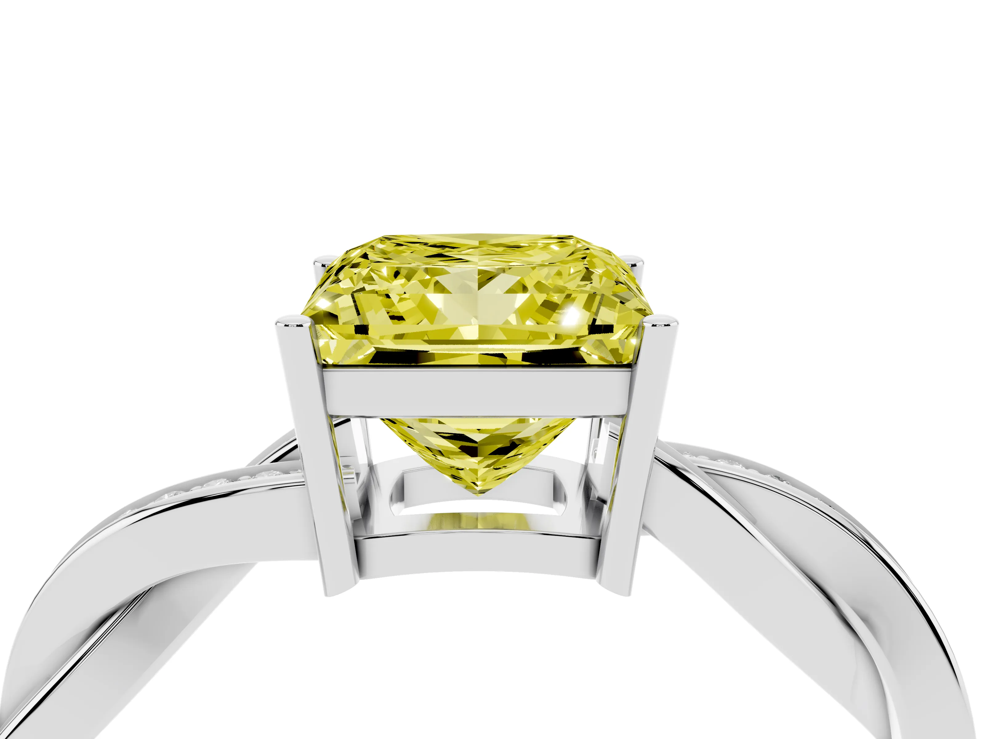 Fancy Yellow Princess Cut Diamond Solitaire Twisted Pavé Ring Set in Silver with Prong Setting